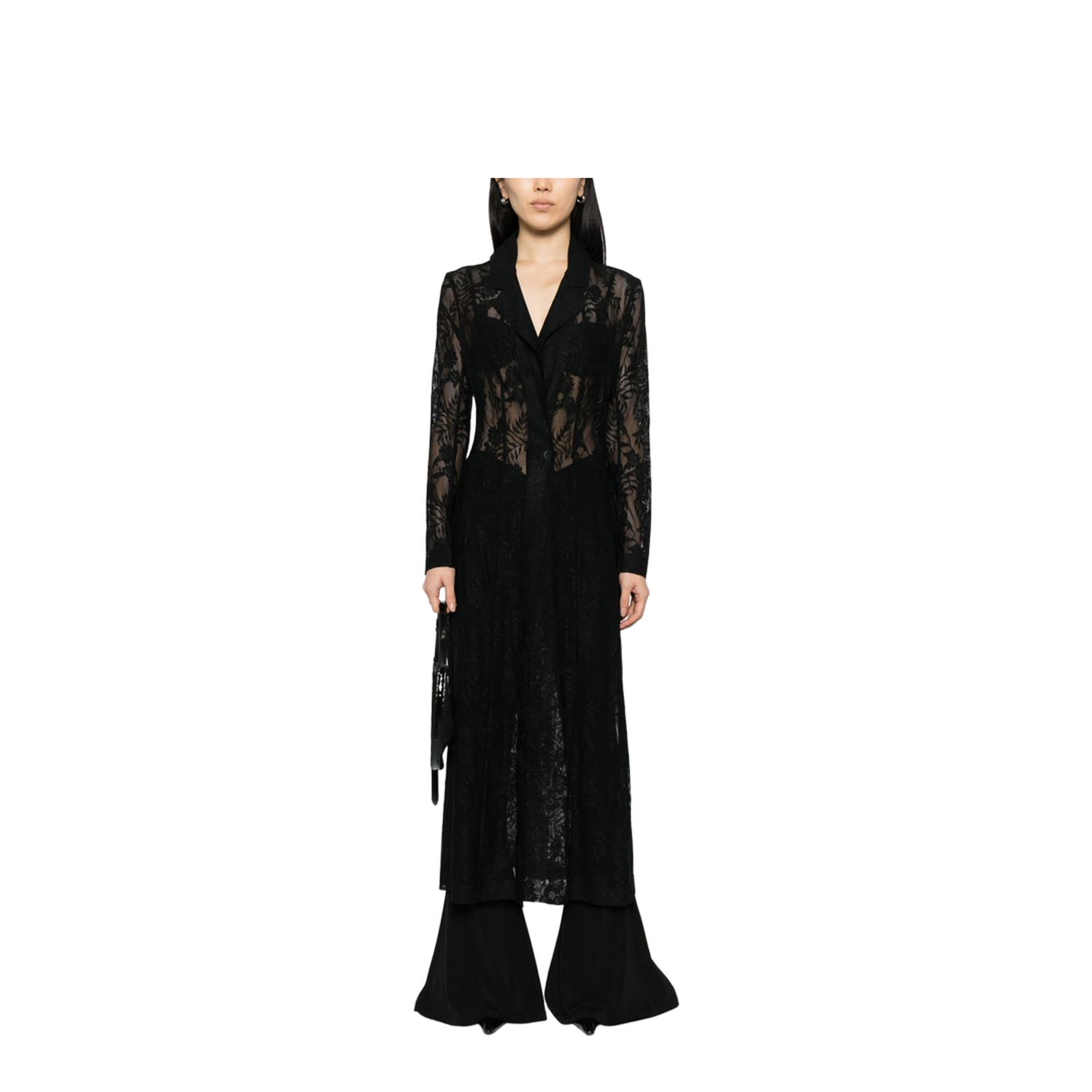 Black Open Front Floral-Lace Detailing Long Coat