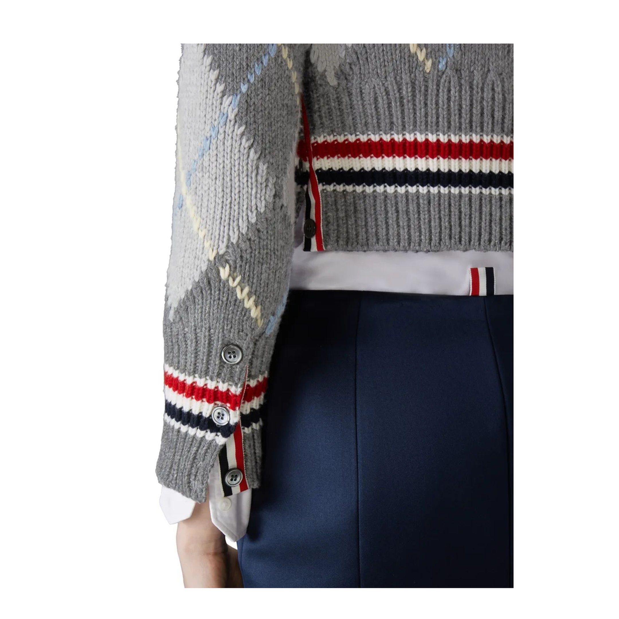 MAYFEYR - Thom Browne - Argyle Jersey Intarsia Shrunken V Neck Cardigan In Chunky Merino Wool W/ Rwb Stripe - FKC679AY1029982