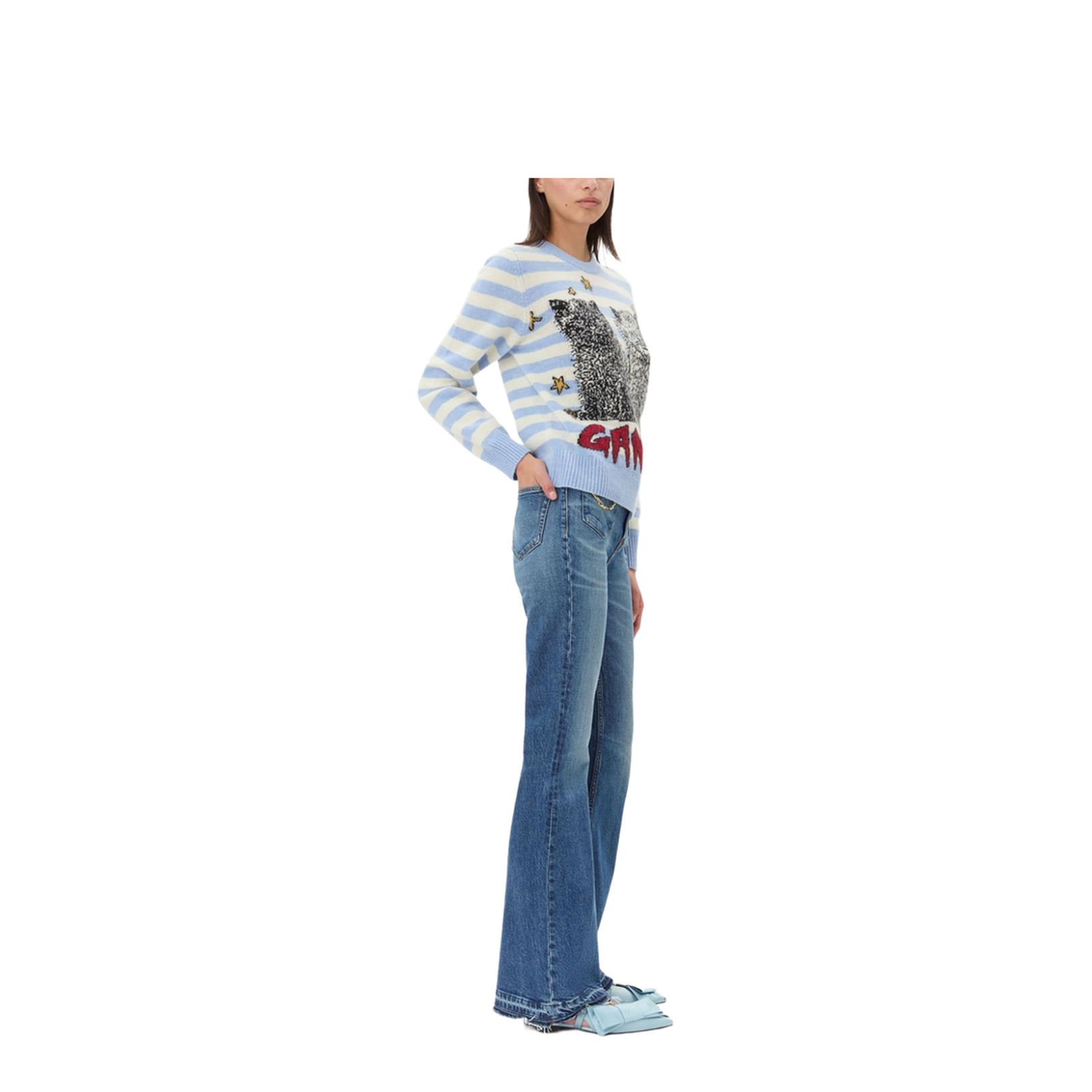Striped Graphic Wool Mix Cats Knit - Illusion Blue