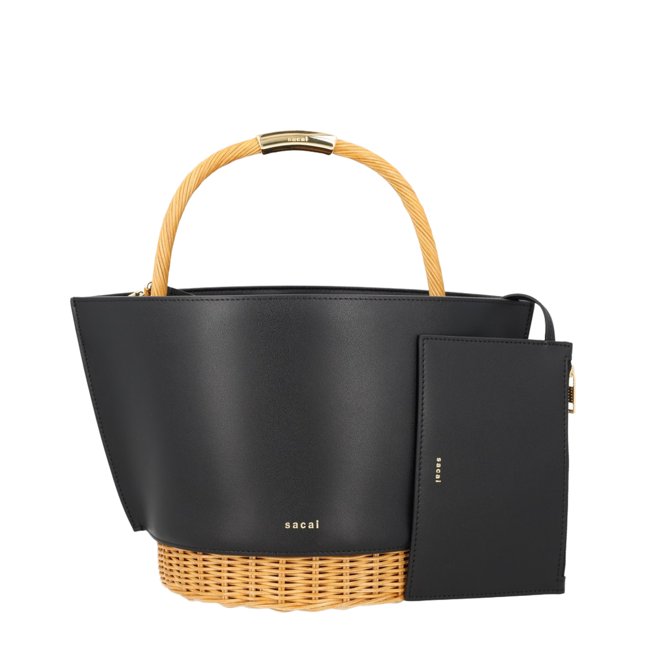 Leather Crossbody Bag With Raffia Details - Black