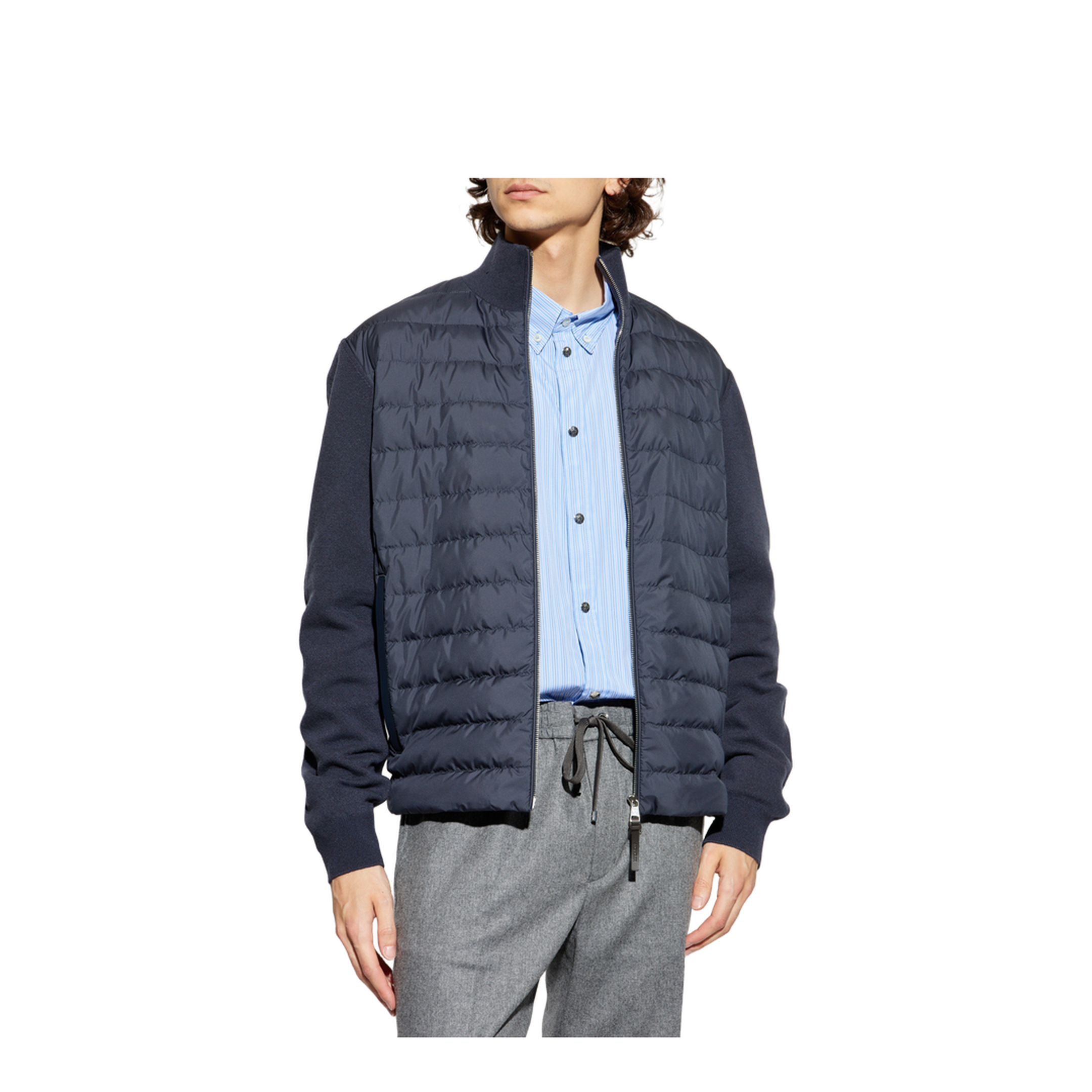 Blue Padded Wool & Cashmere Zip-Up Cardigan