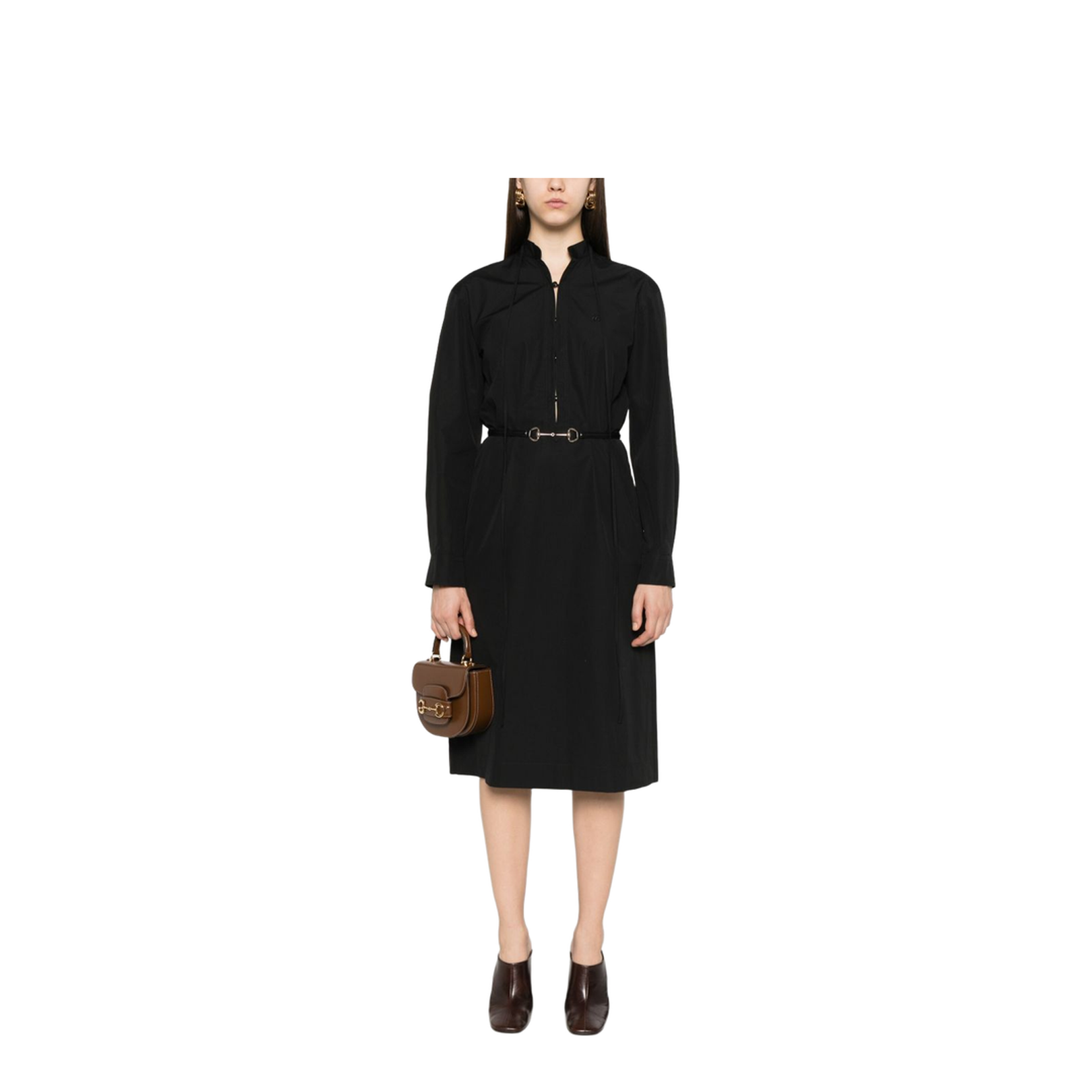 Cotton Poplin Dress with Belt in Black