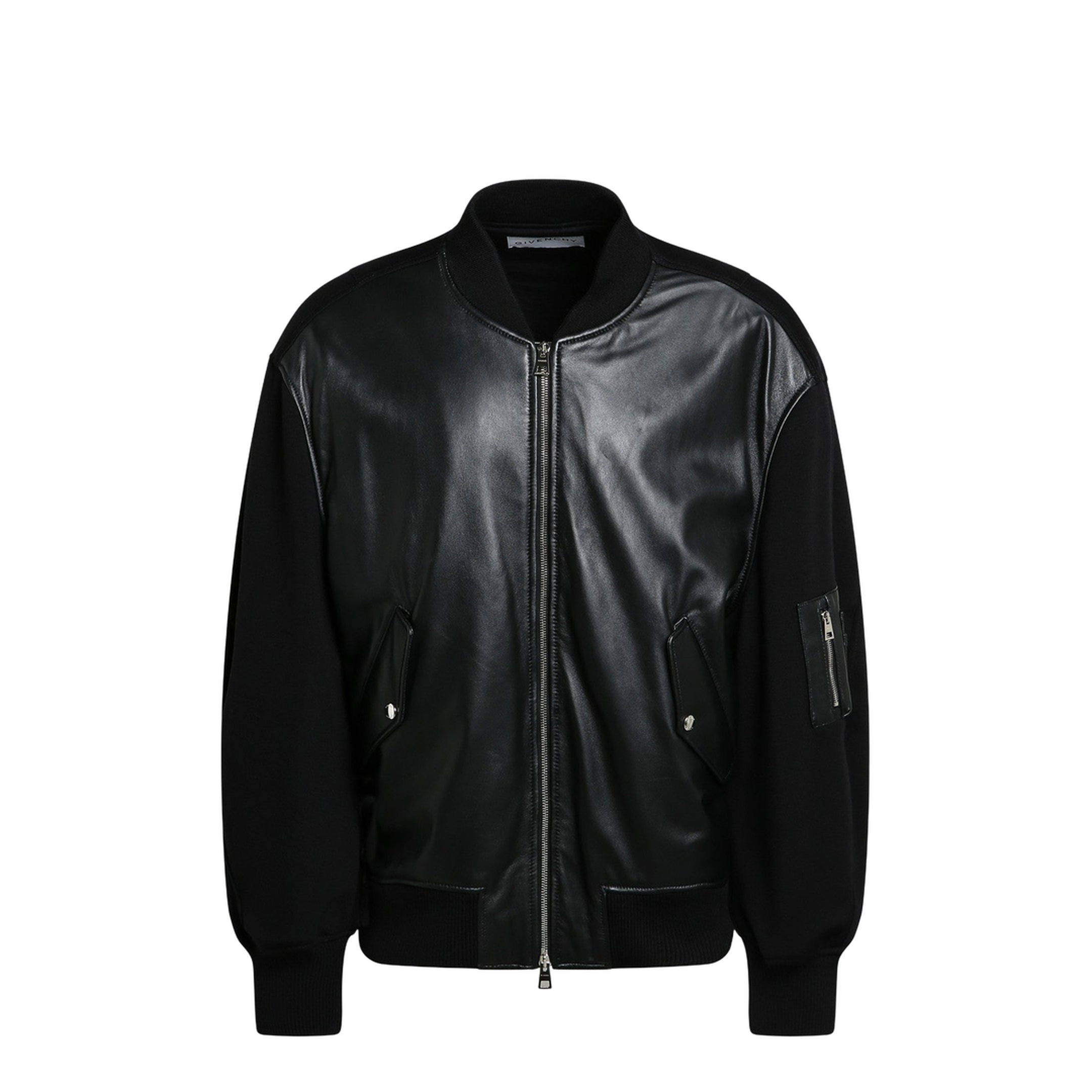 Black Leather Bomber Jacket with Wool Sleeves