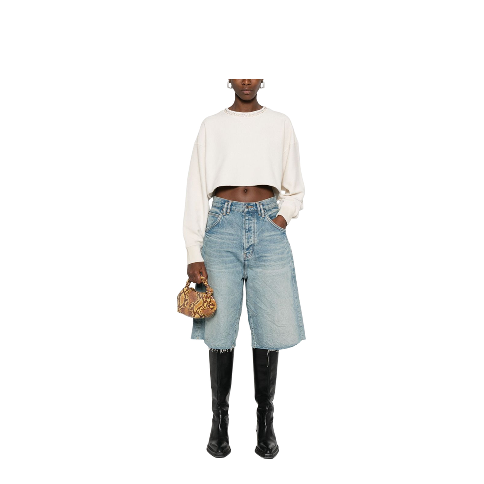 Cream Cotton Cropped Sweatshirt with Crystals