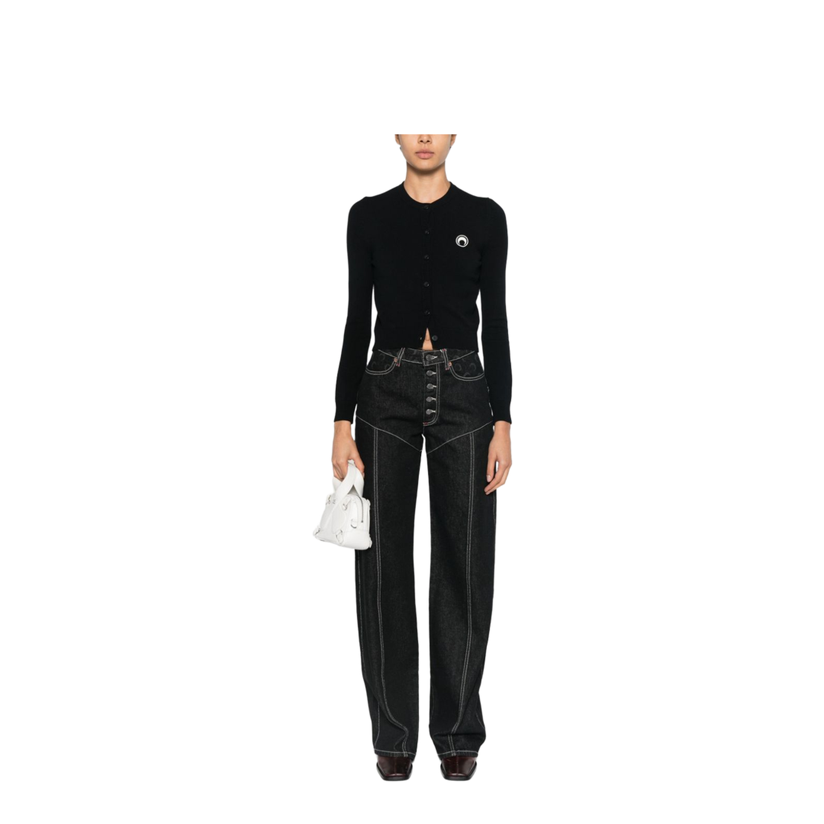 Crescent Moon Embroidery Crew Neck Long Sleeves Front Button Fastening Ribbed Cuffs and Hem