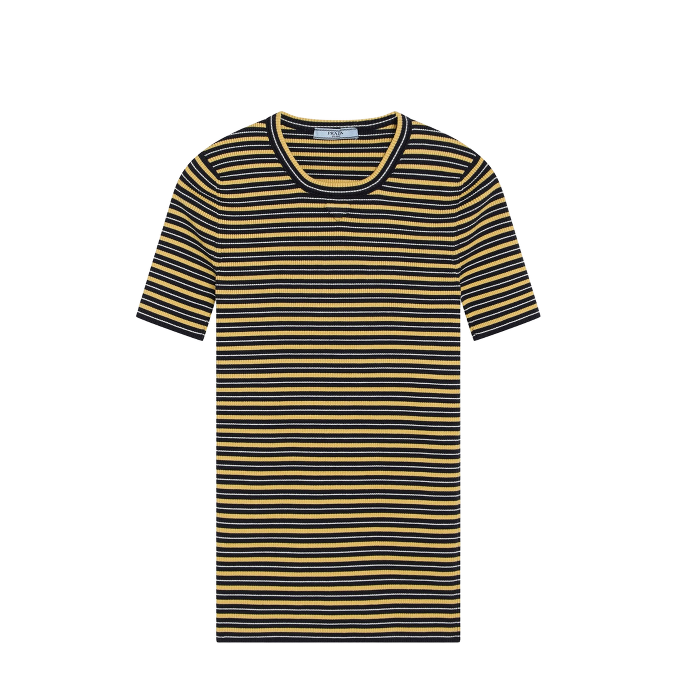 Navy Yellow Striped Stretch Cotton T-Shirt