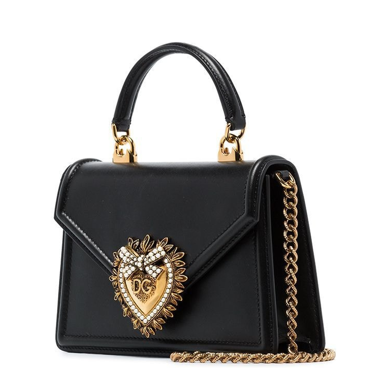 Black Calfskin Shoulder Bag with Rhinestone Details and Gold Chain