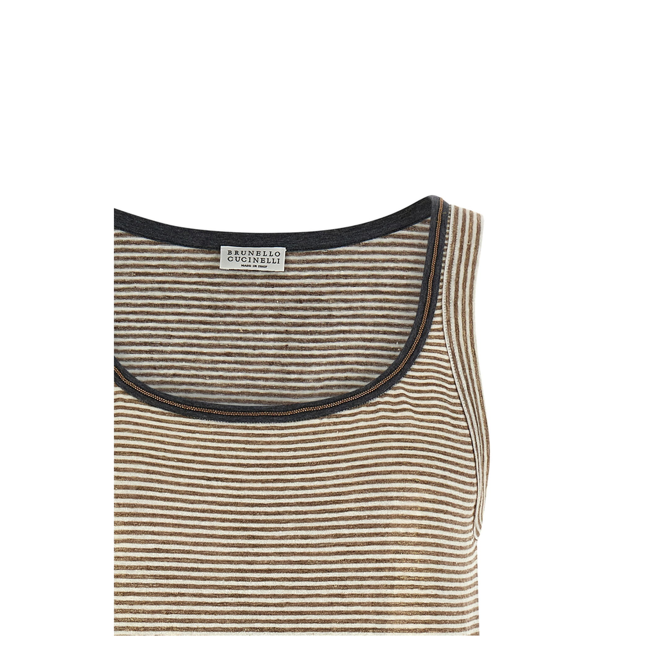Linen Striped Crew Neck Top with Contrasting Trim and Necklace