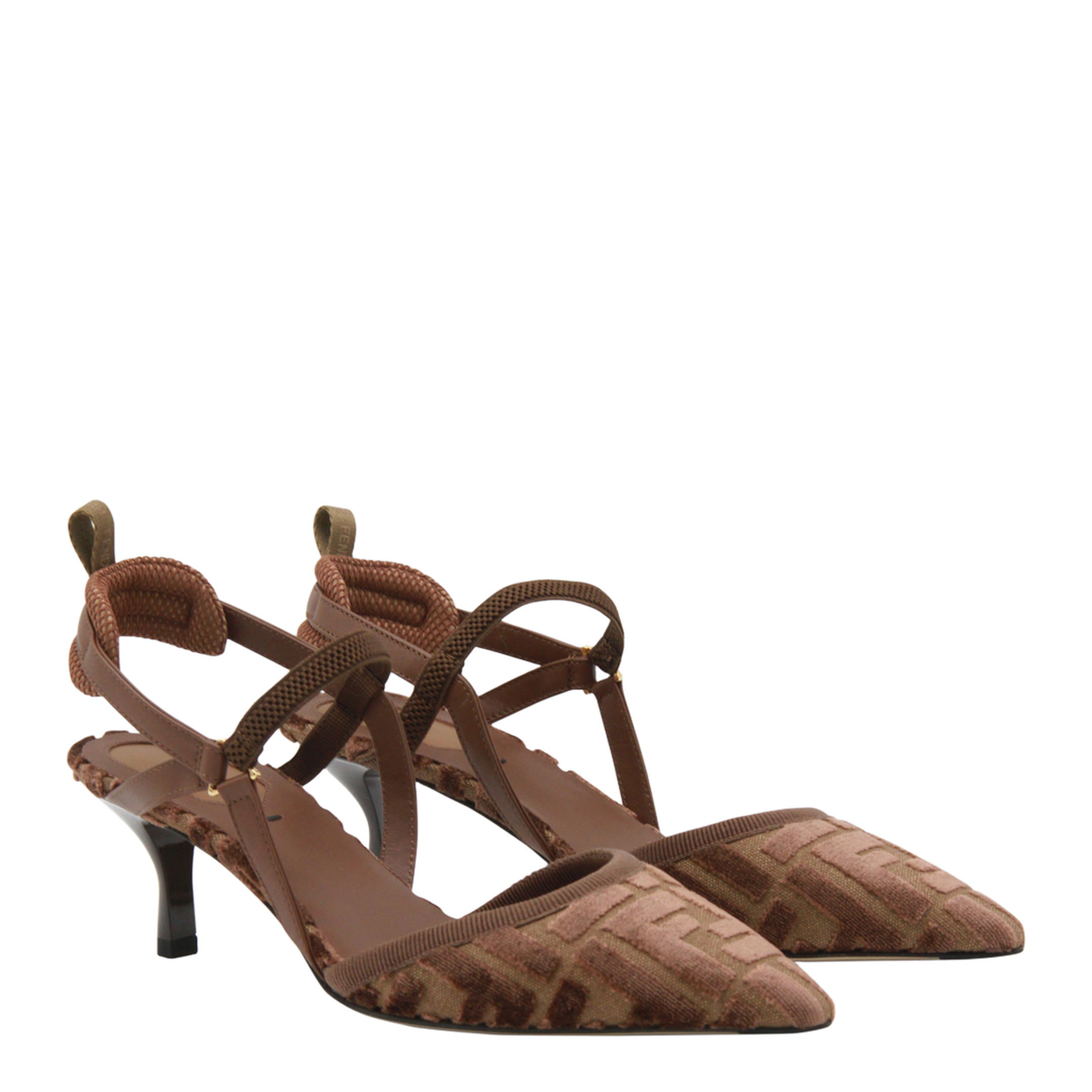 Brown FF Motif Jacquard Velvet Slingback Strap Pointed Toe