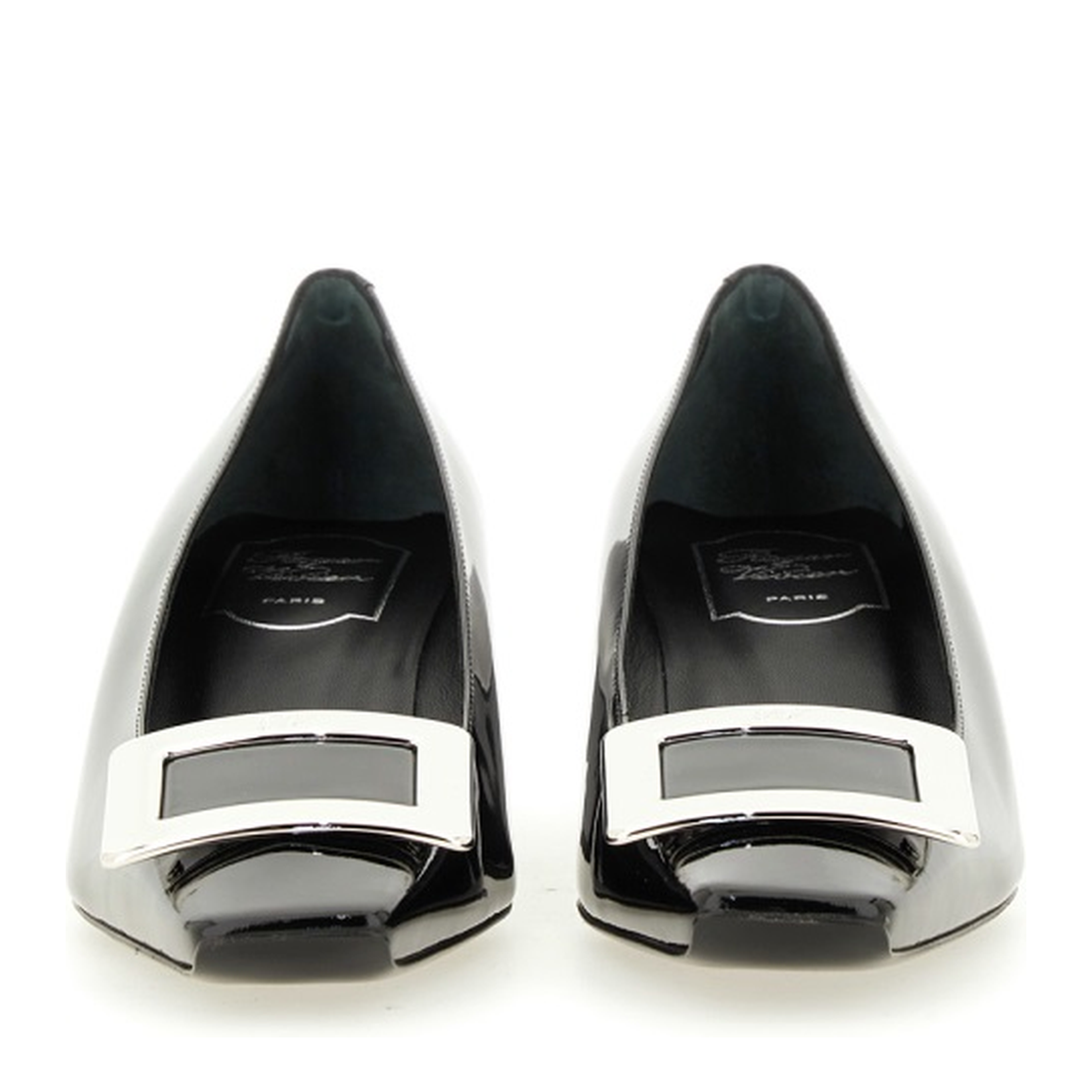 black calfskin pumps with buckle and wide heel