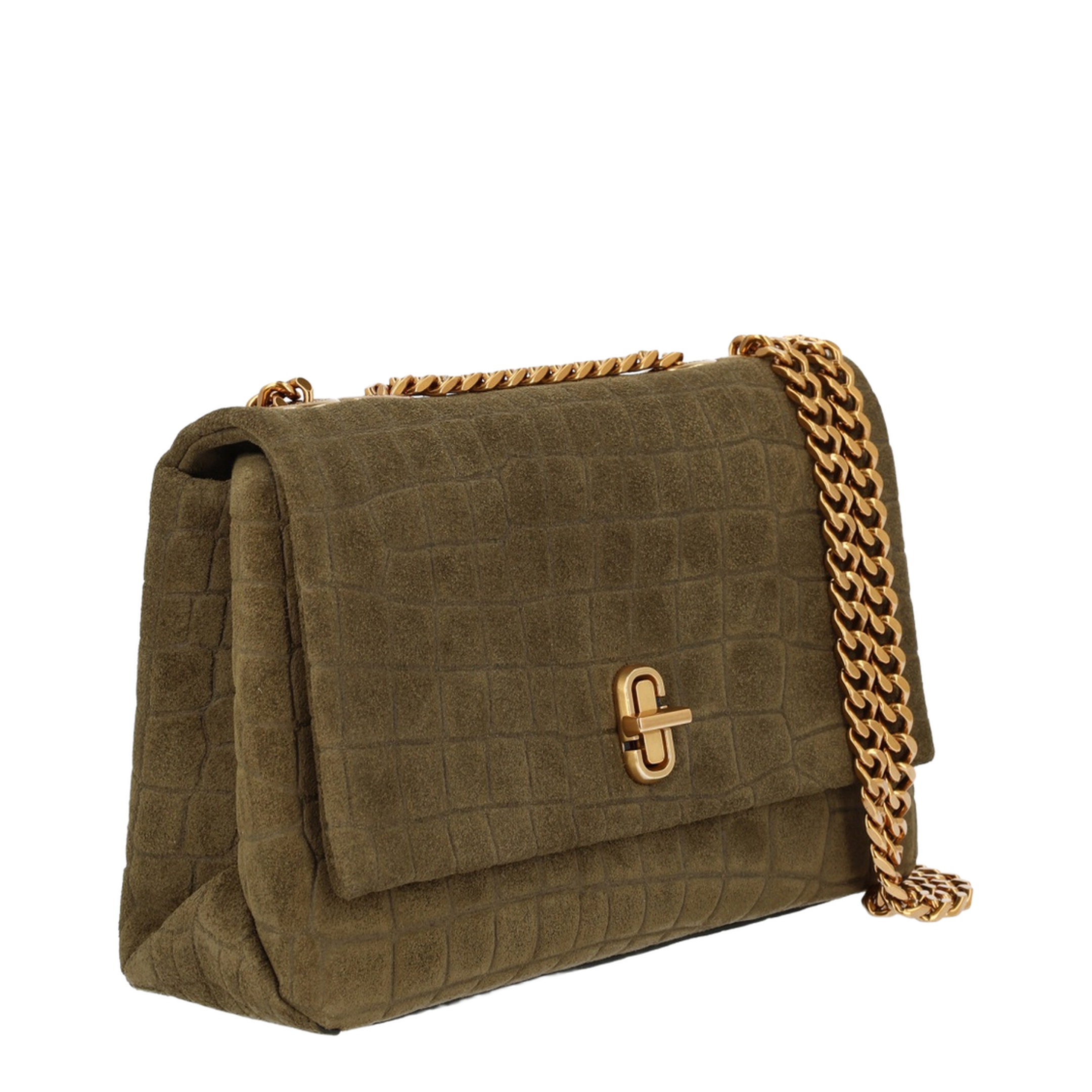 Slim Croc Suede Dual Chain Shoulder Bag - Olive Green