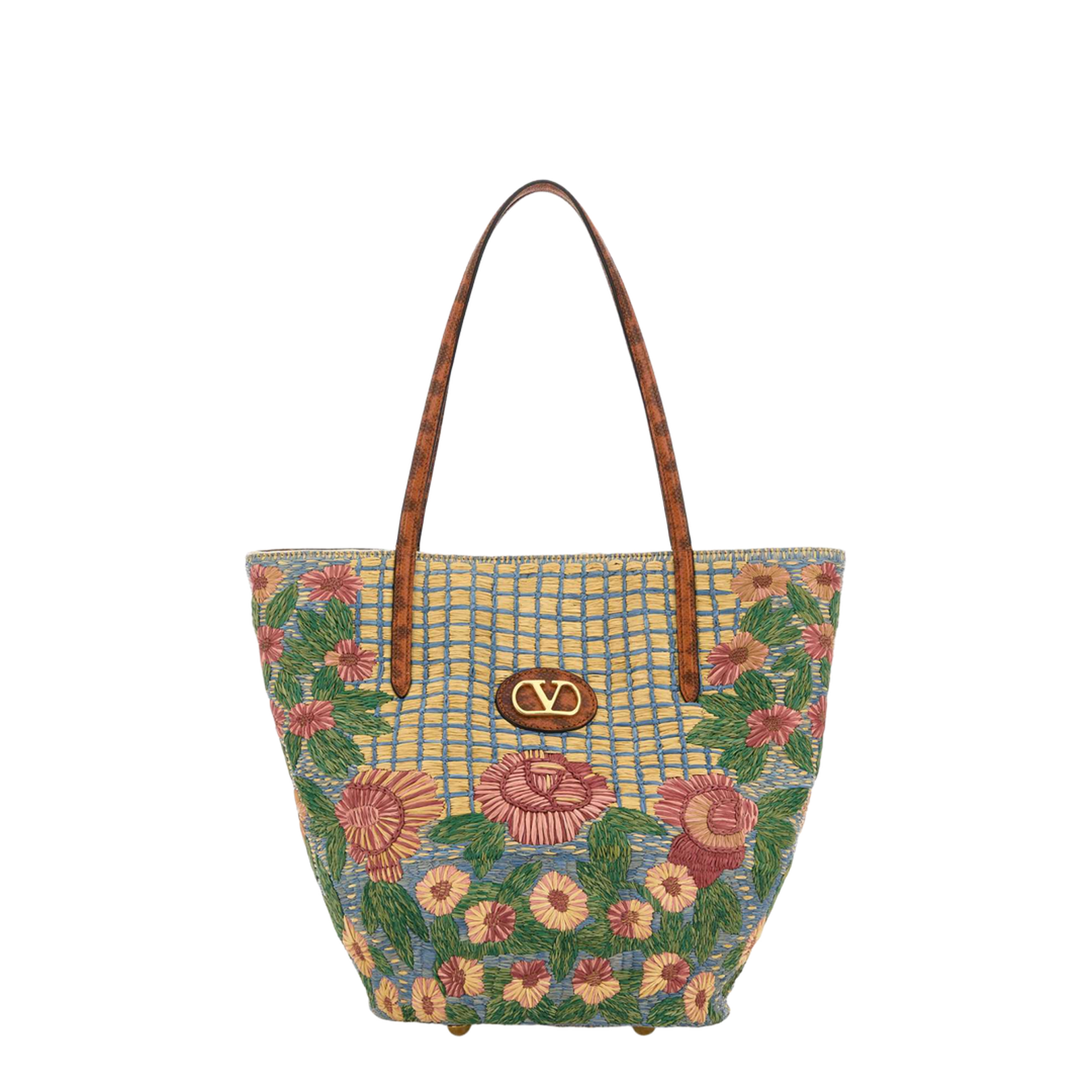 Embroidered Raffia Vlogo Signature Shopping Bag