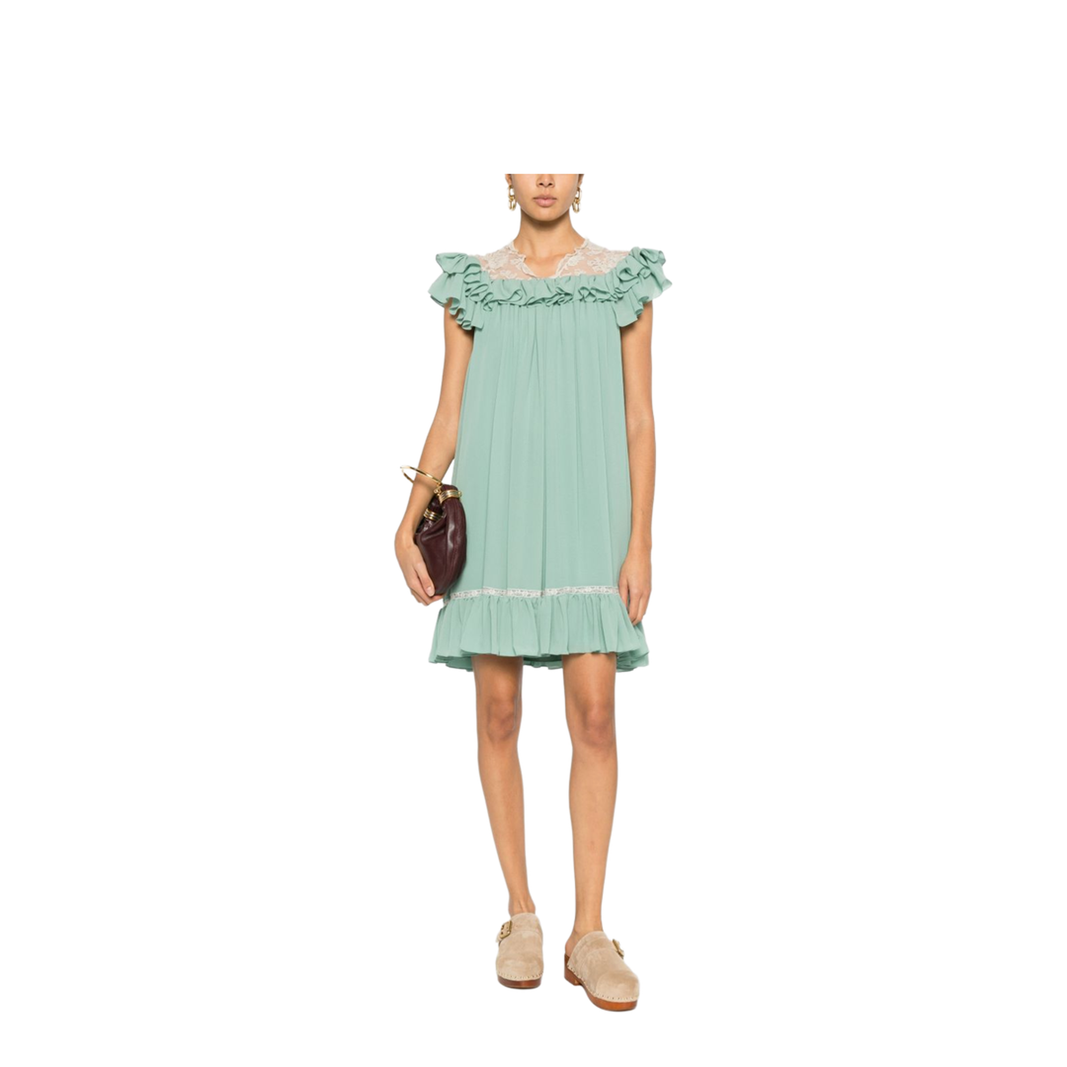 Short-sleeve mini dress in silk georgette & lace