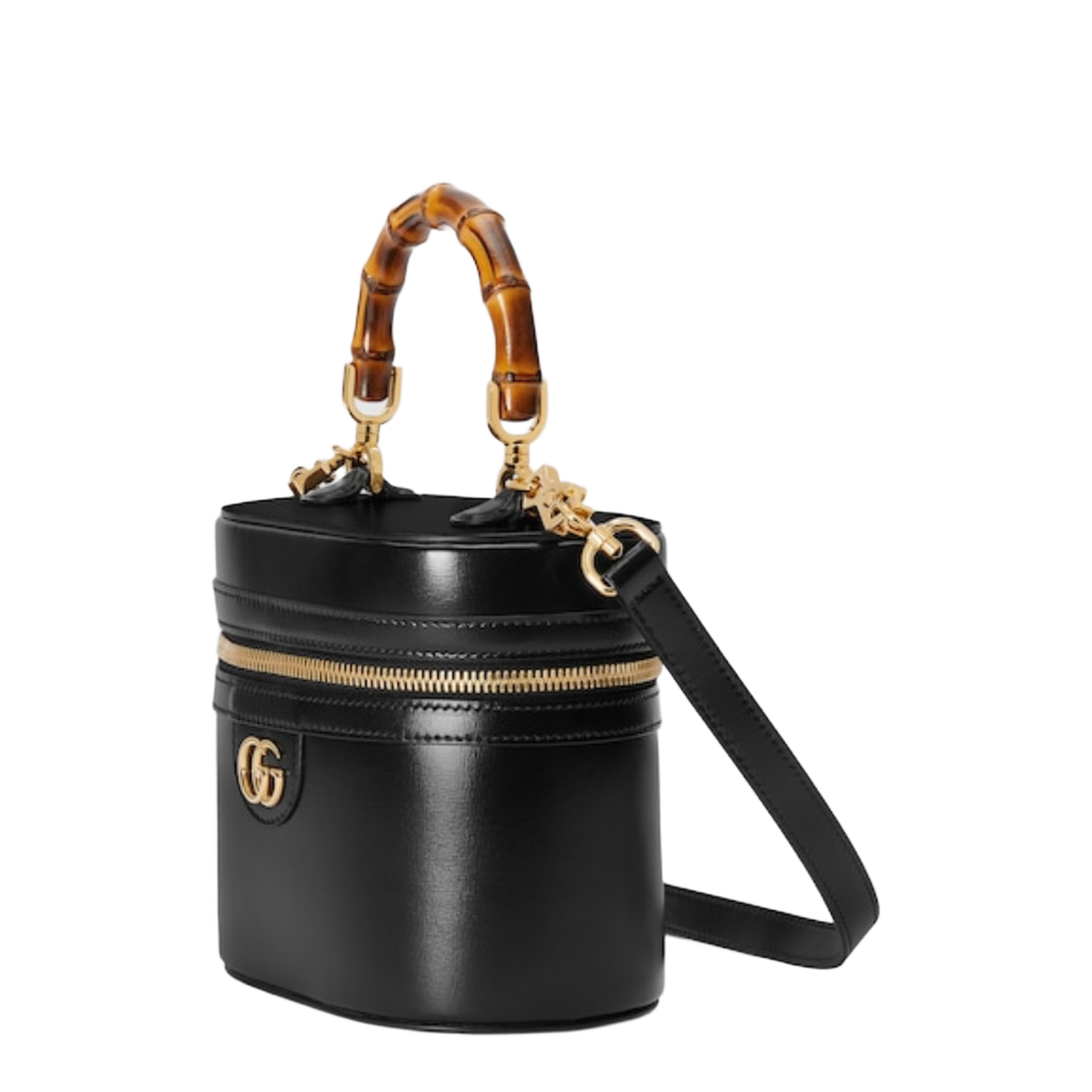 Mini Leather Vanity Bag With Bamboo Handle - Black