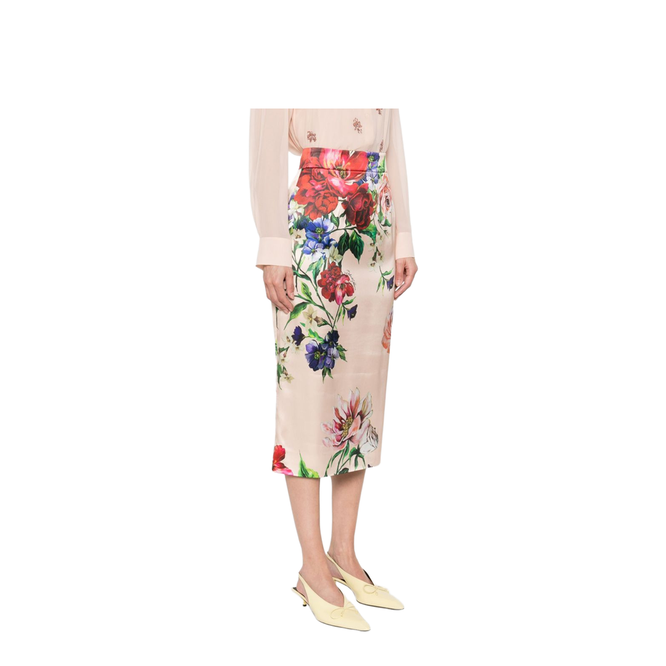 Flower Print Satin Midi Pencil Skirt