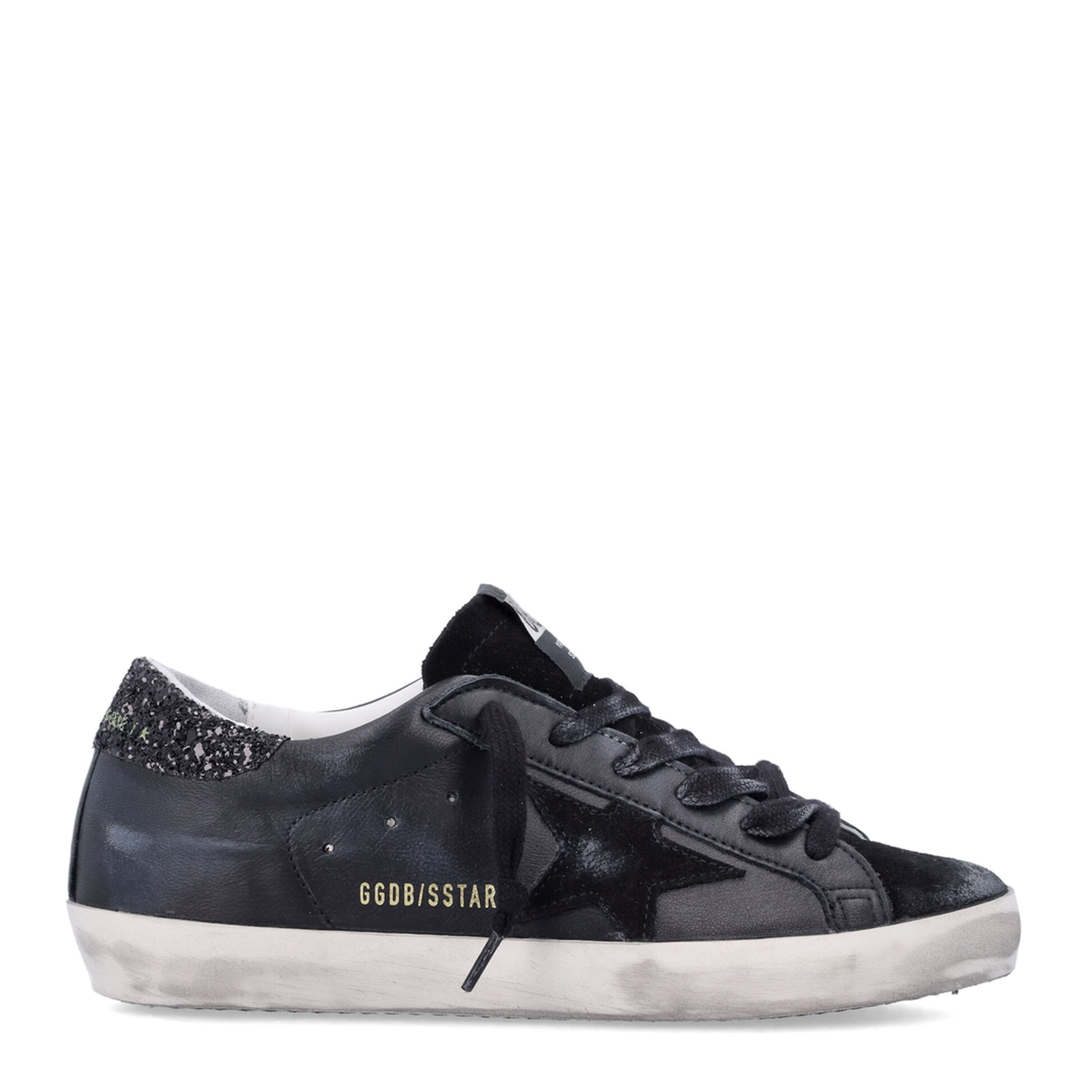 Super-Star in Black Nappa with Black Star and Glitter Heel Tab