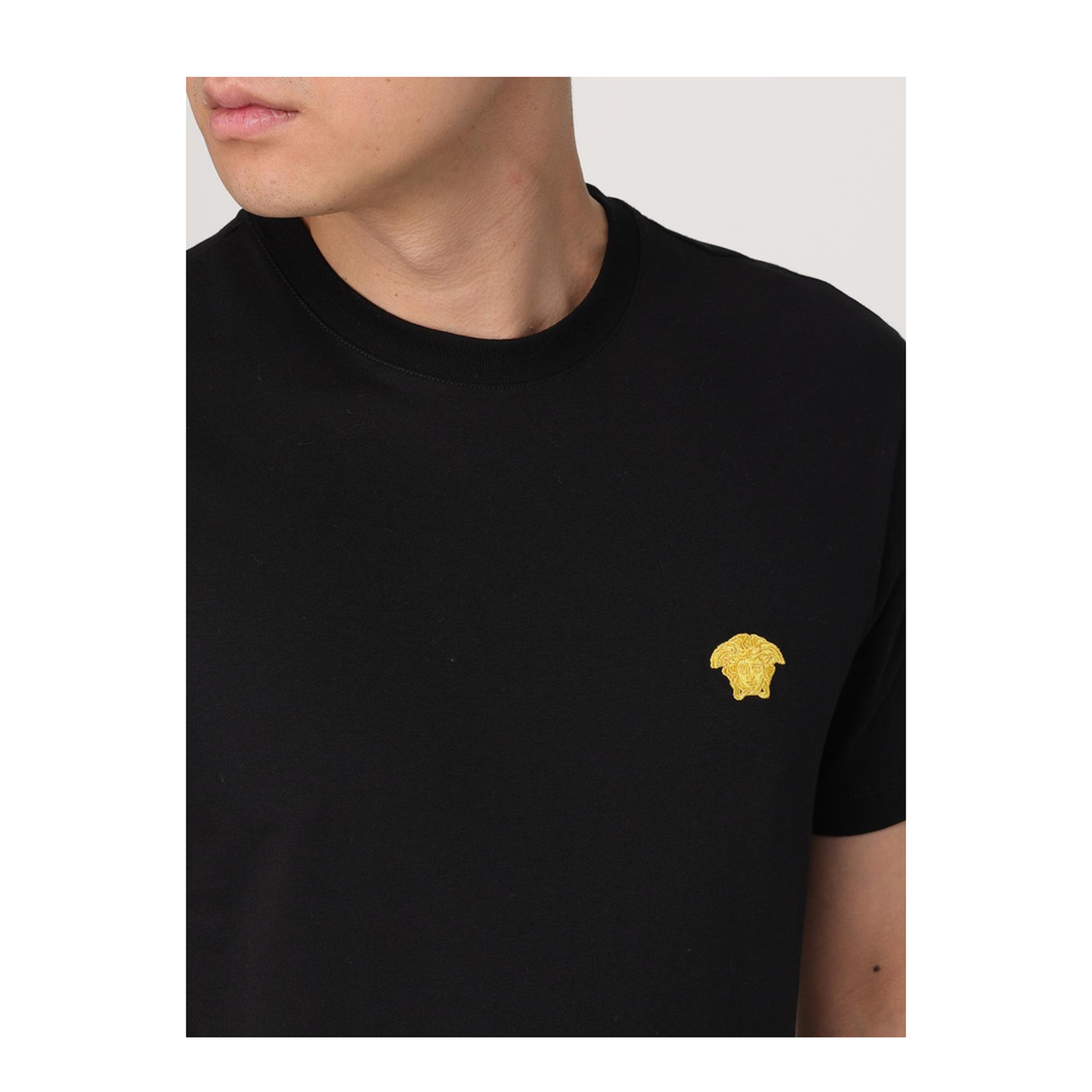 Black Crewneck T-Shirt with Medusa Embroidery
