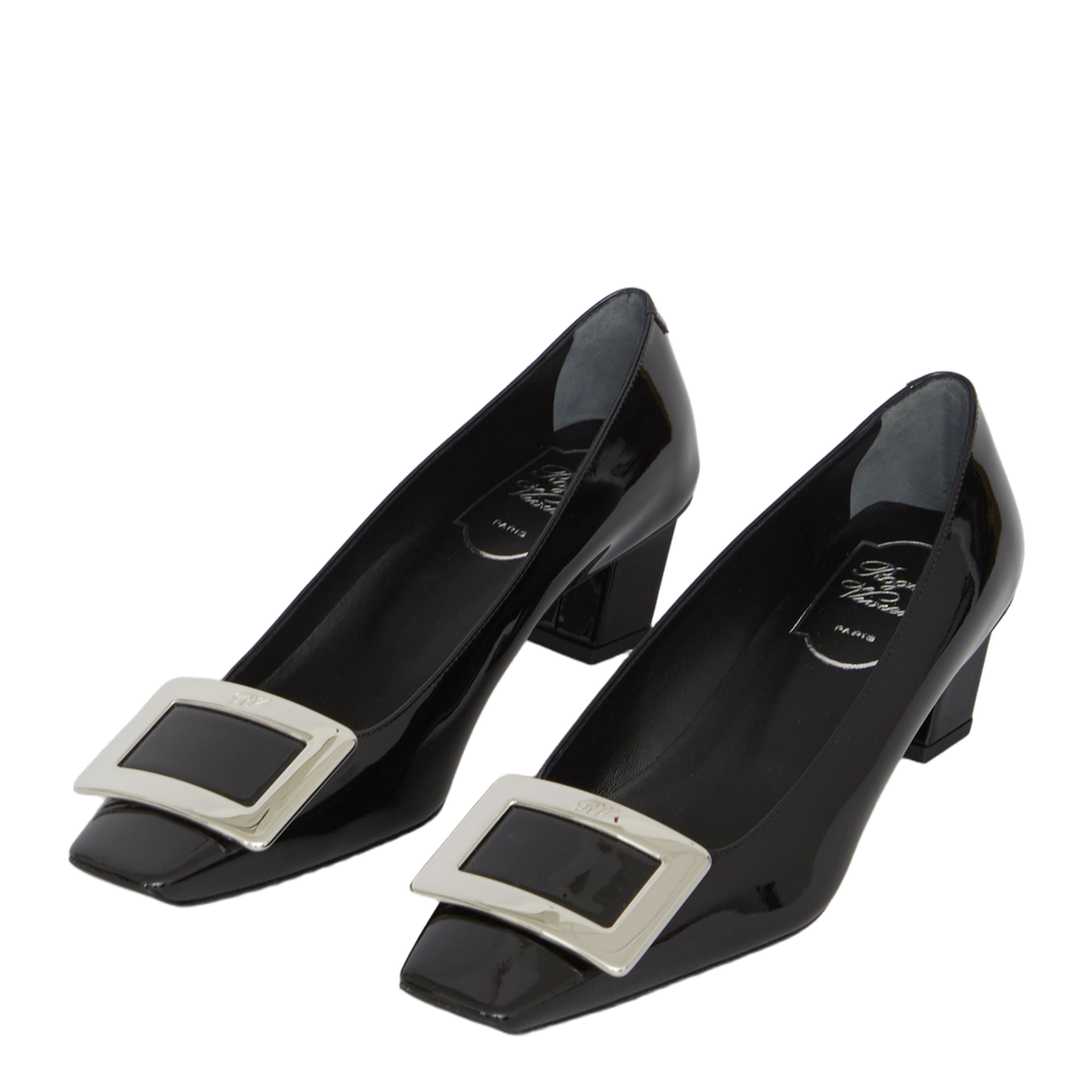 black calfskin pumps with buckle and wide heel