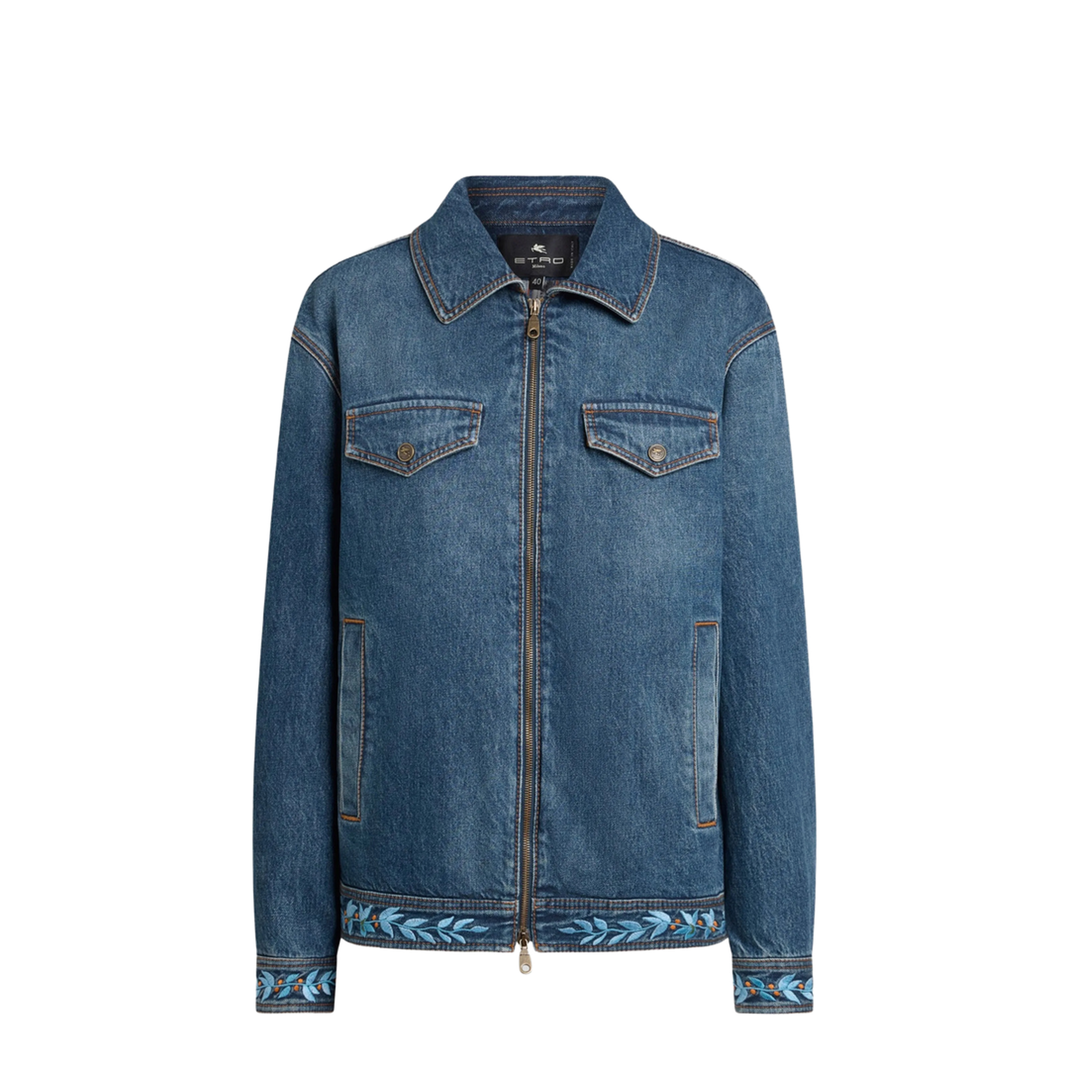 Denim Jacket with Embroidery and Zip