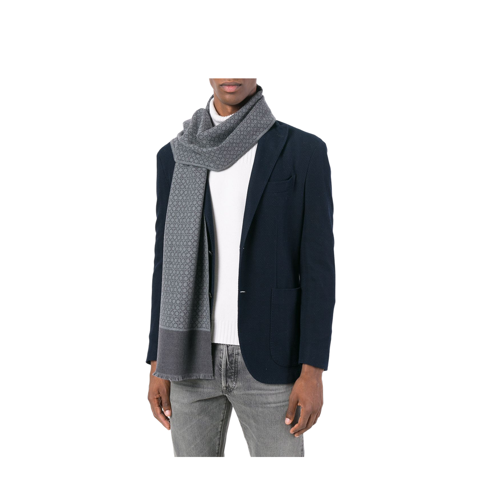 Ash Grey Wool Gancini Print Contrasting Panel Detail Fringed Edge Rectangle Shape Wraparound Style