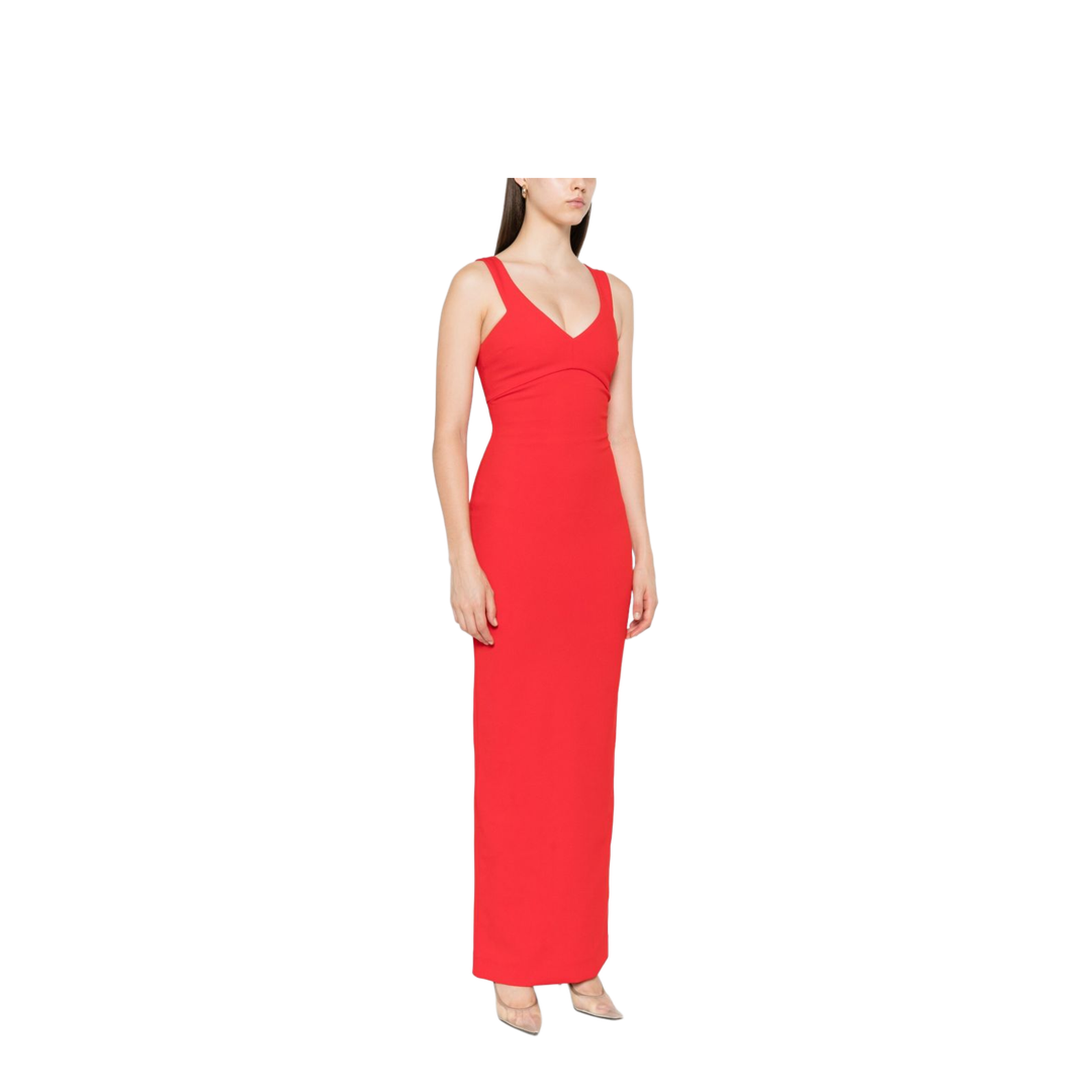 Red Sleeveless Design V-Neckline Fitted Bodice Maxi Length Straight Skirt