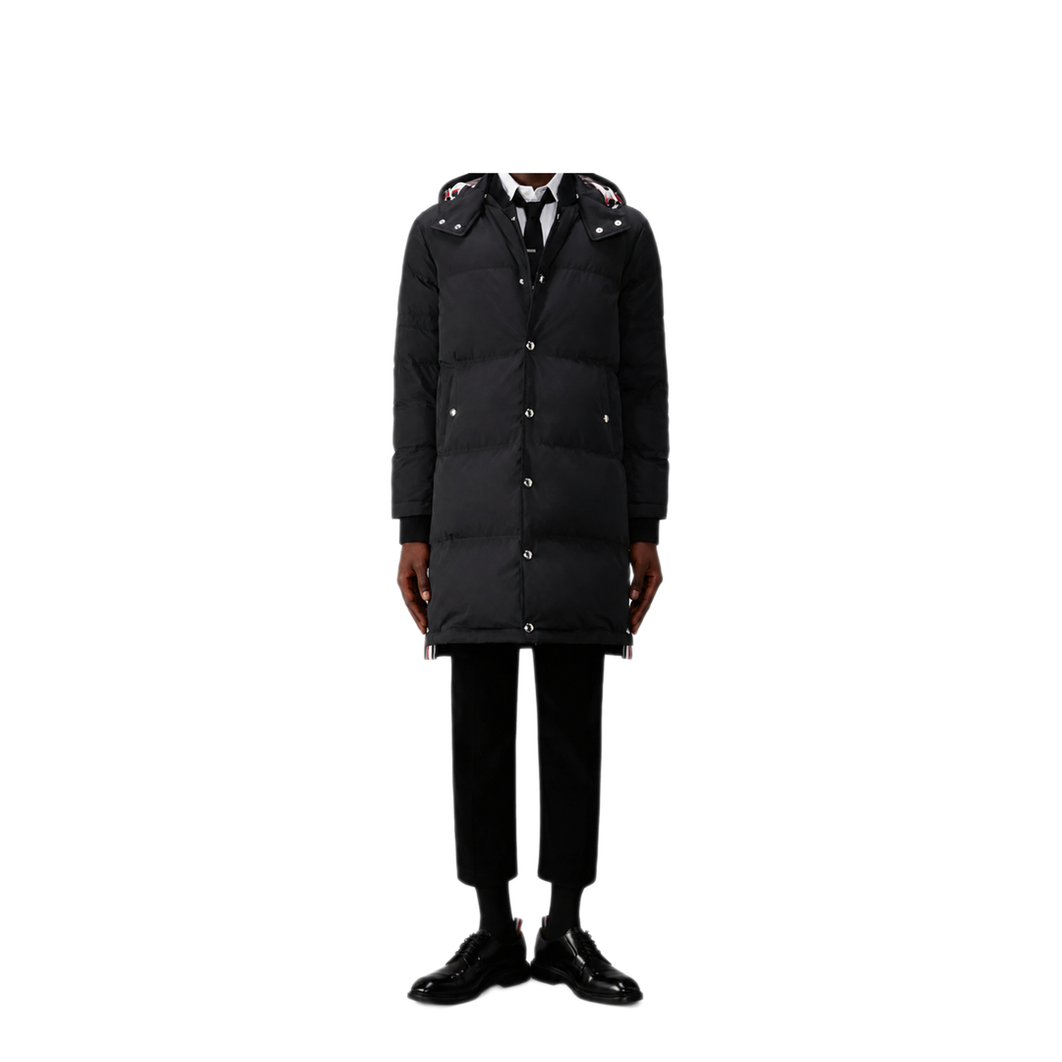 MAYFEYR - Thom Browne - Downfilled Snap Front Detachable Hood Coat W/ Self Armband (42") In Poly Tech O.P. - MOD094YF1090001