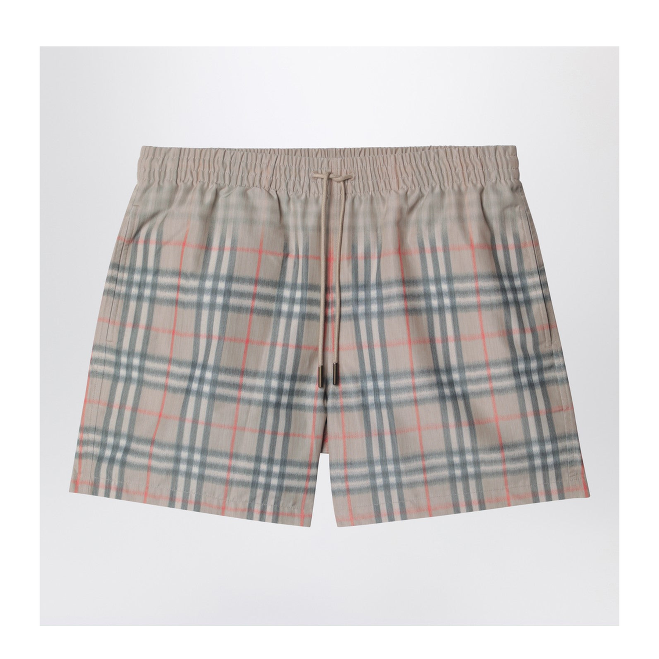 Beige Swim Shorts with Faded Check Pattern