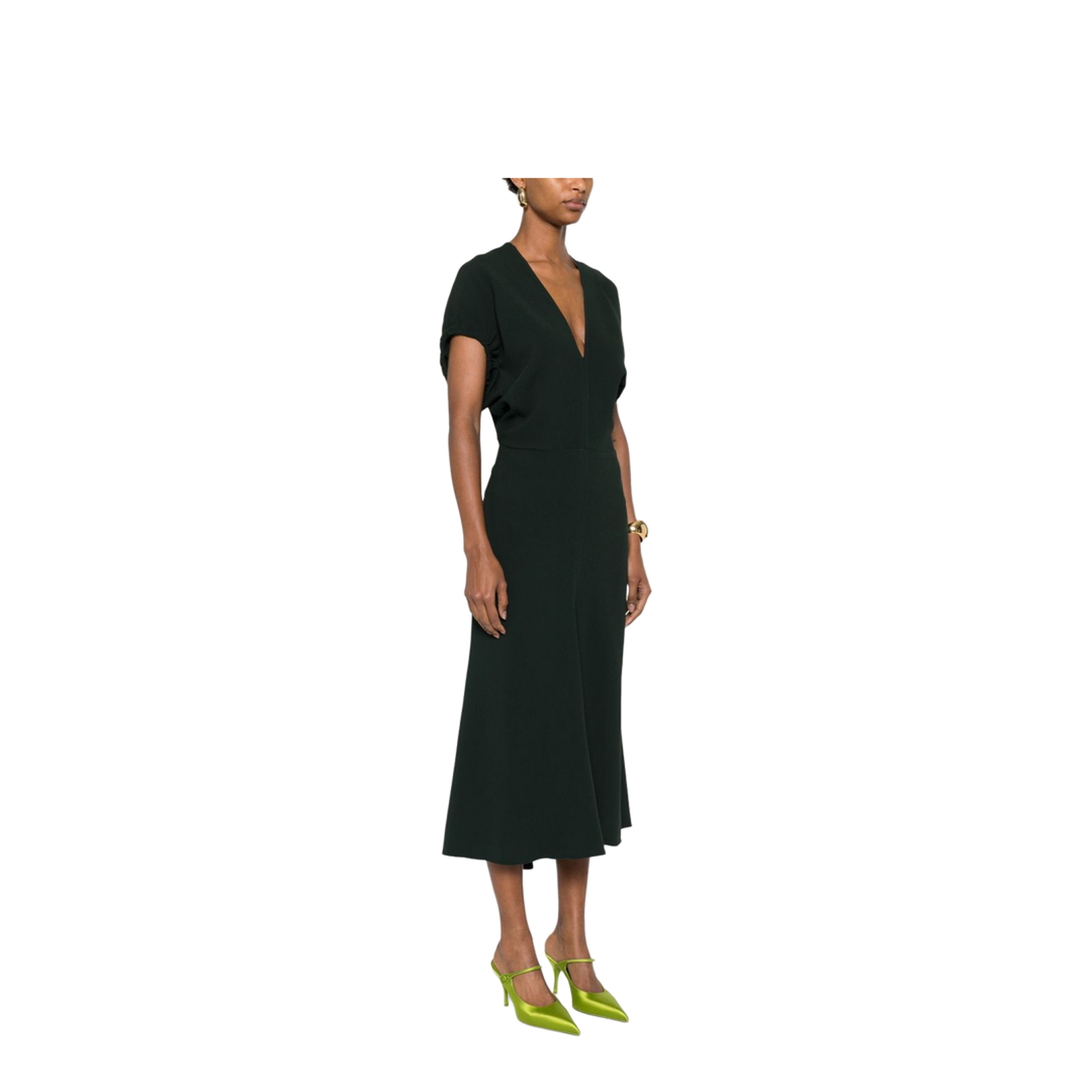 V-Neck Blouson Midi Dress in Black
