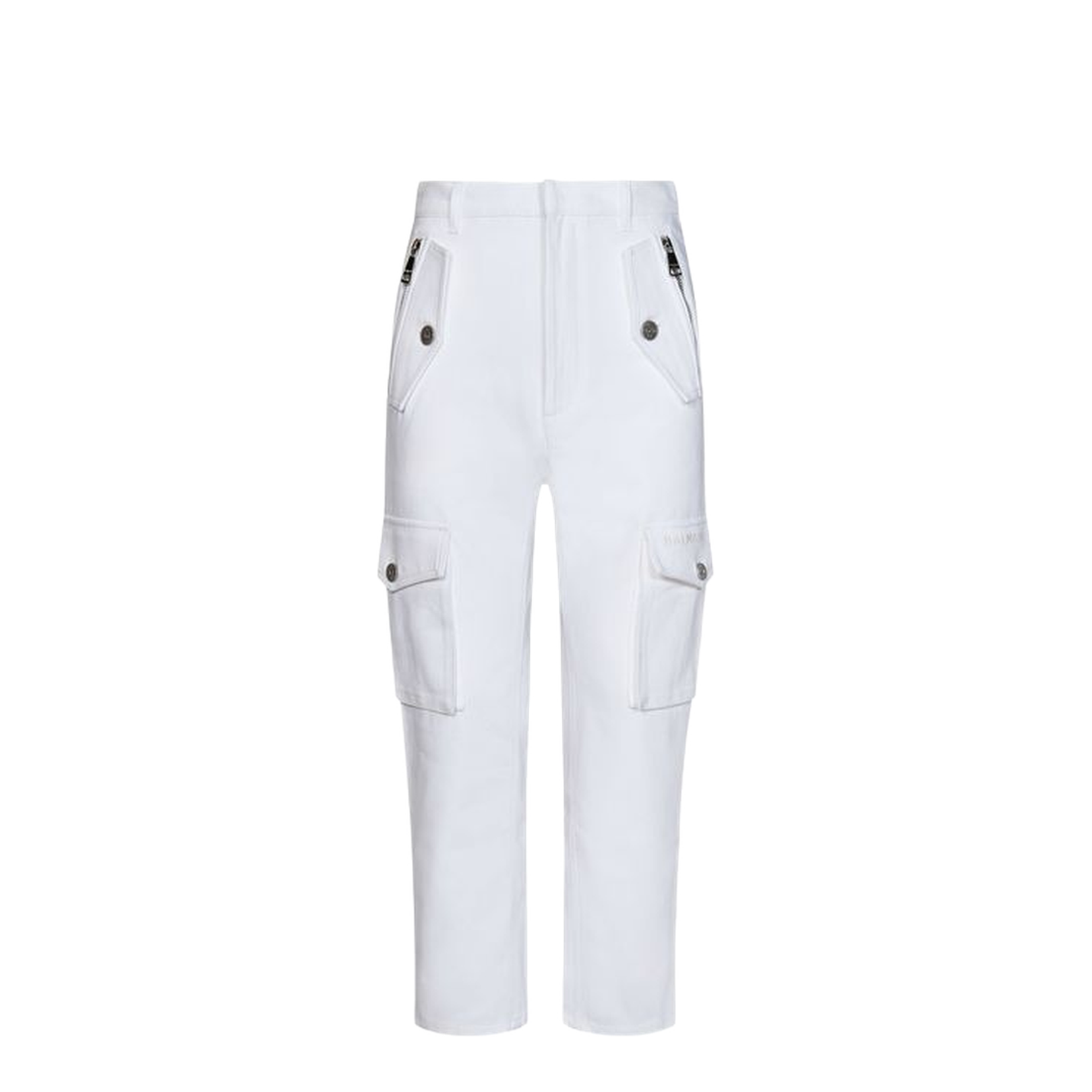 White Cargo Pants with Silver Logo Plate
