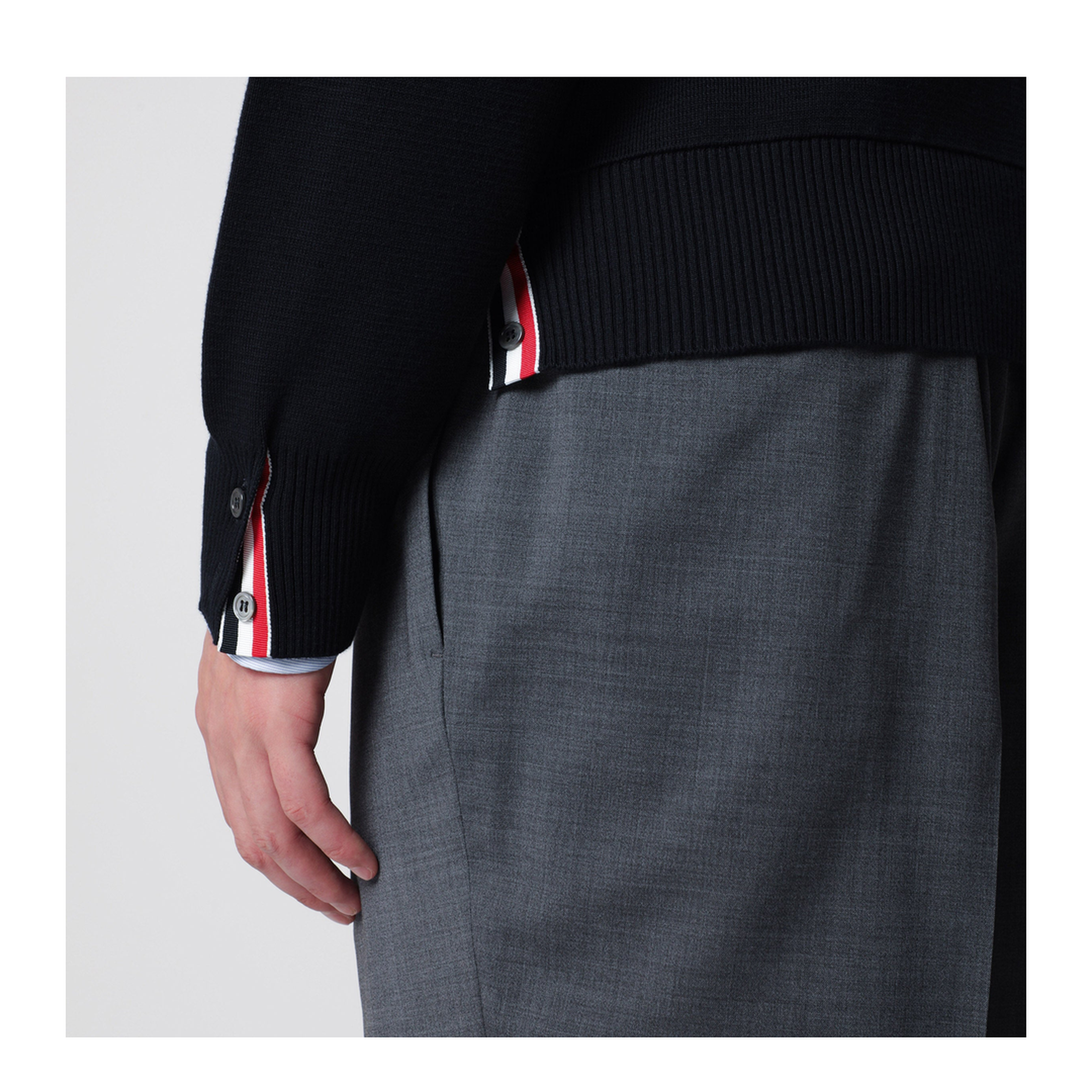 MAYFEYR - Thom Browne - Navy Blue Cotton Sweater With Tricolor Details - MKA326AY3001415