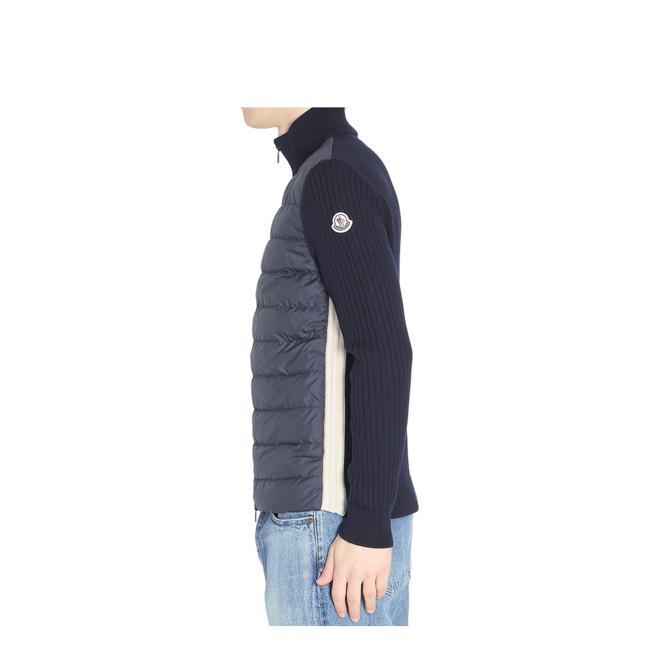 Navy Blue Padded Wool Zip-Up Cardigan