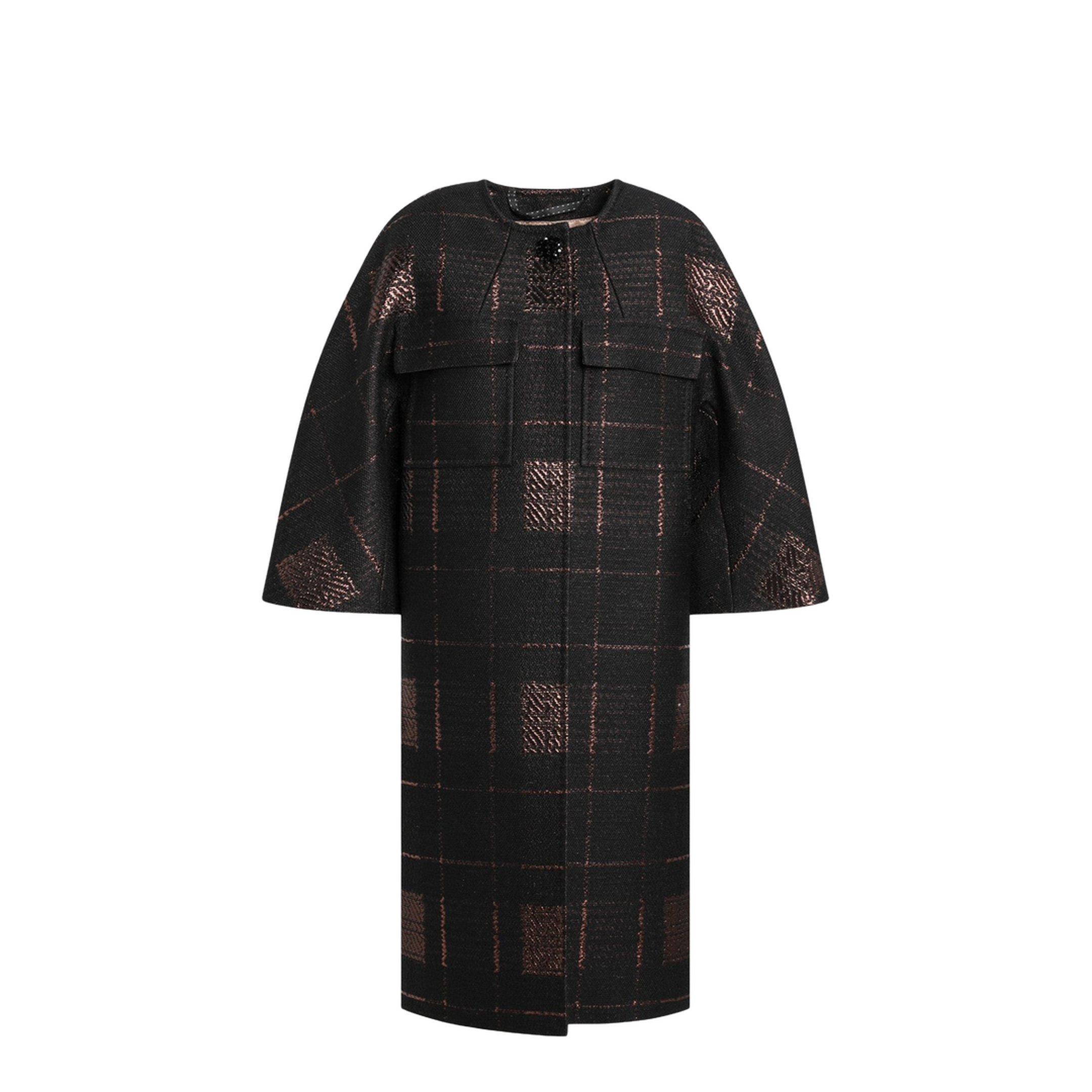 Black Cocoon Coat in Jacquard Lamé