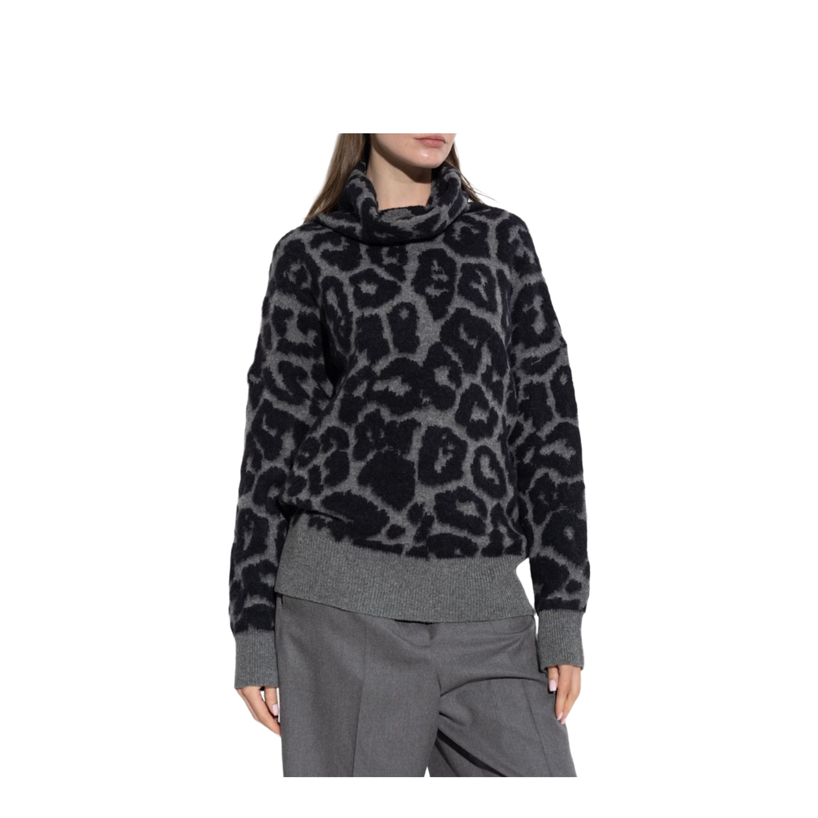Black/Grey Leopard Jacquard Turtleneck Jumper