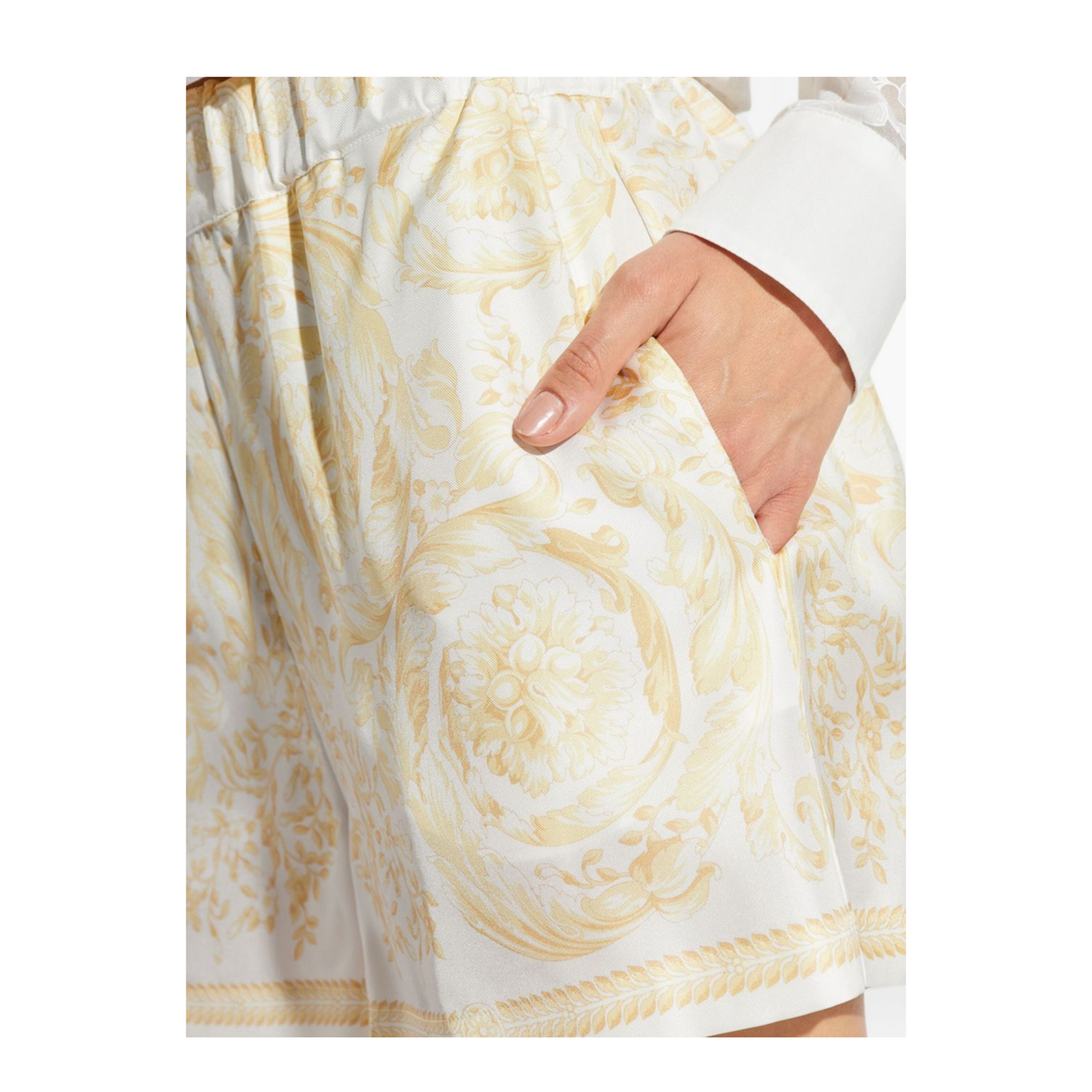 Barocco Print Silk Shorts Gold