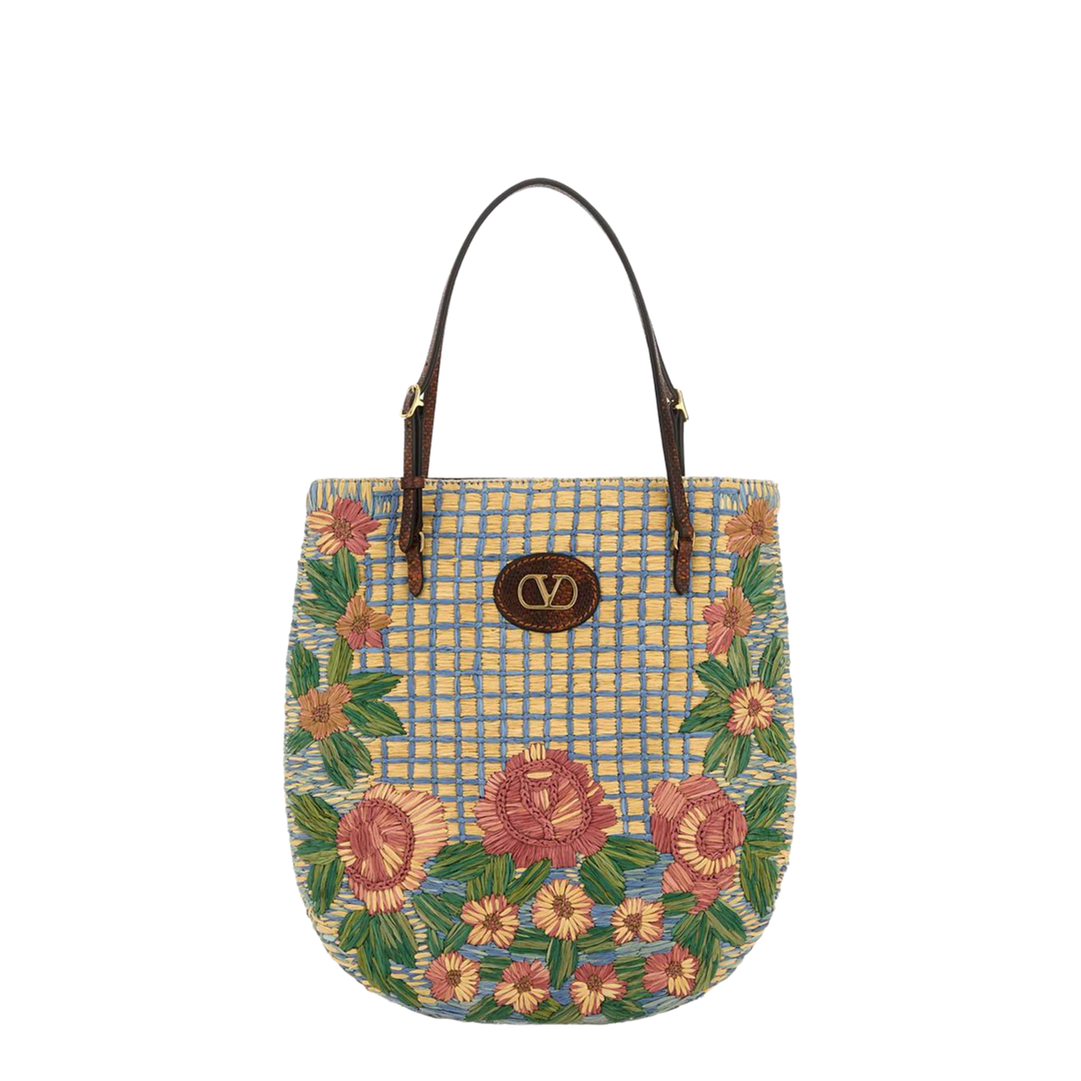 Embroidered Raffia Vlogo Signature Shoulder Bag