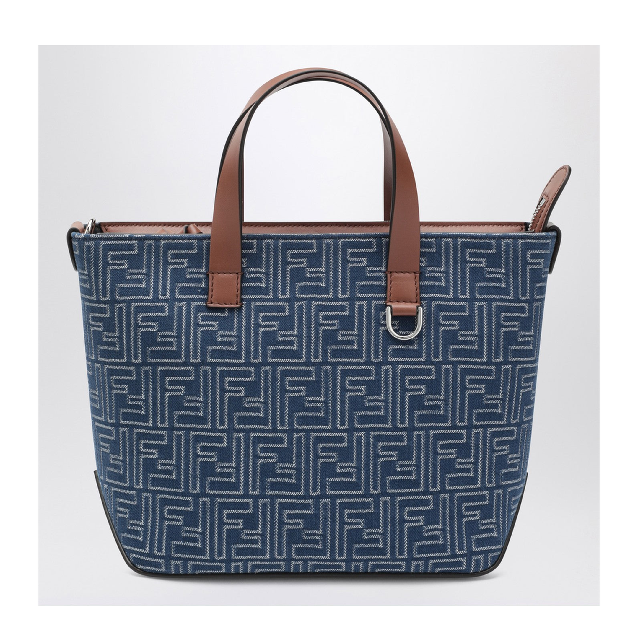 FF Leather Denim Effect FF Jacquard Blue And Brown Small Shopping Bag