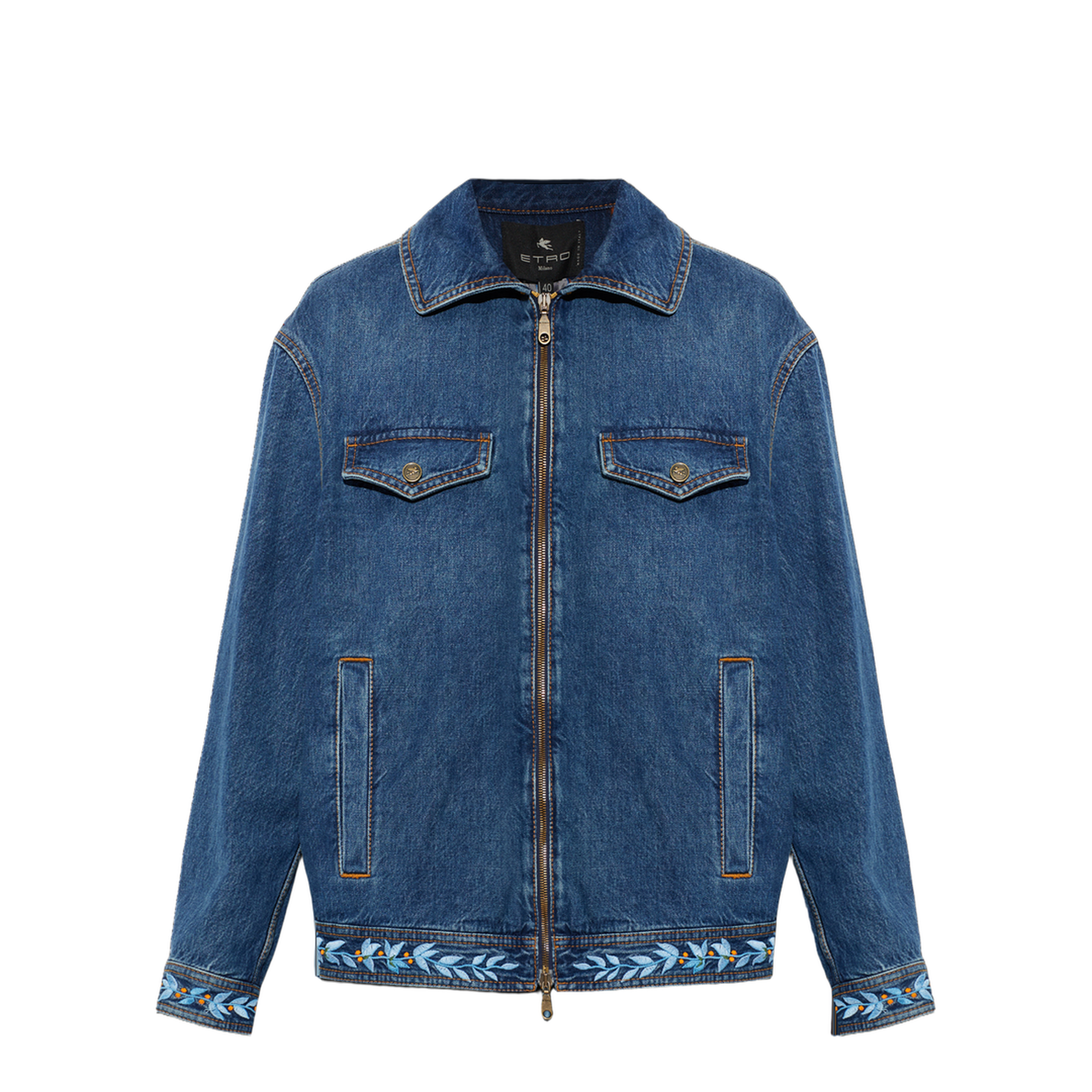 Embroidered Zipped Denim Jacket - Blue