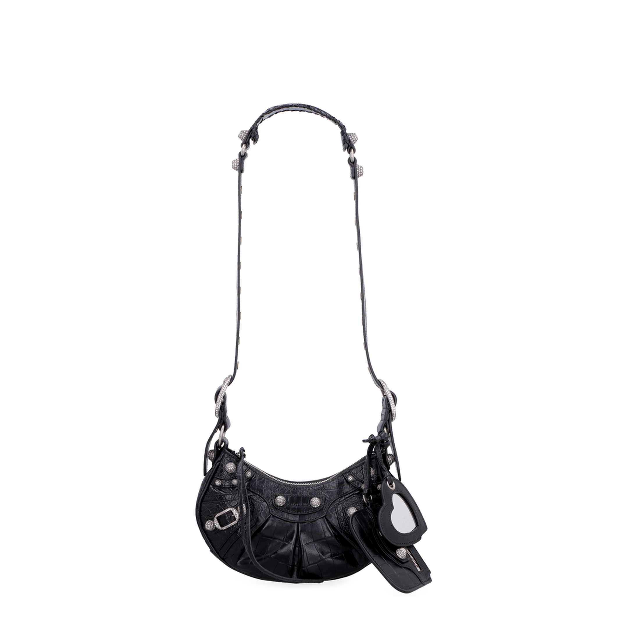 Le Cagole Xs Shoulder Bag in Black Crocodile Embossed With Rhinestones