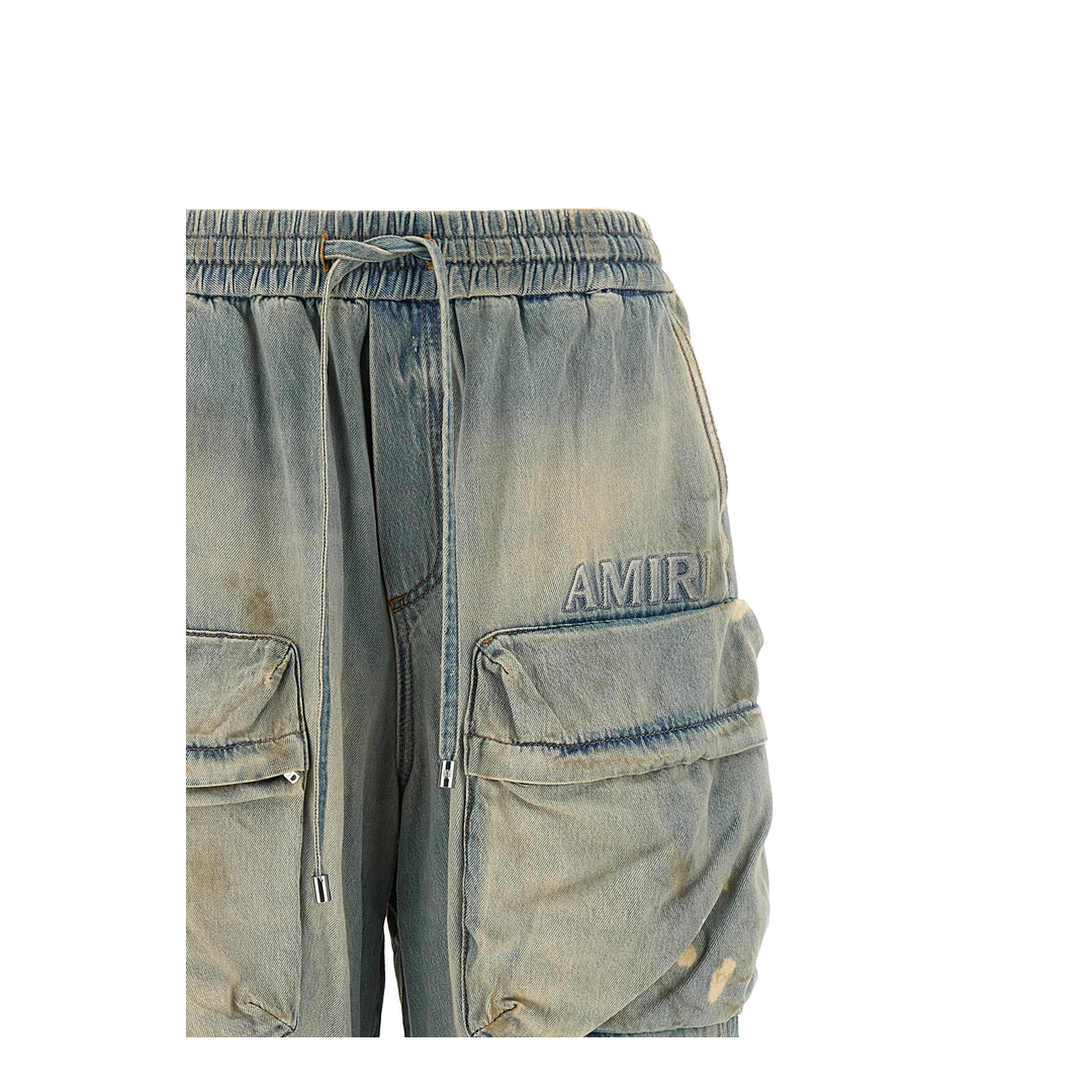 Cargo-Pockets Drawstring Jeans Blue