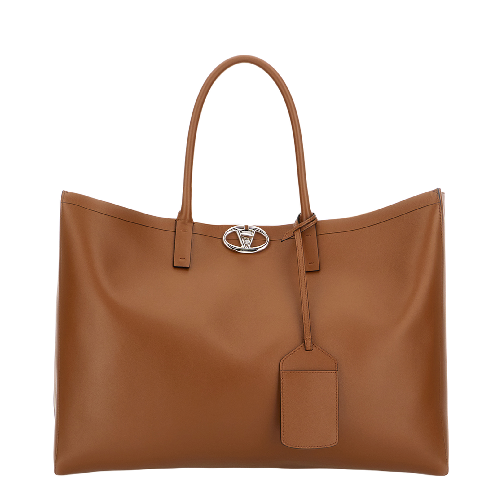 Brown Leather VLogo Shopping Bag