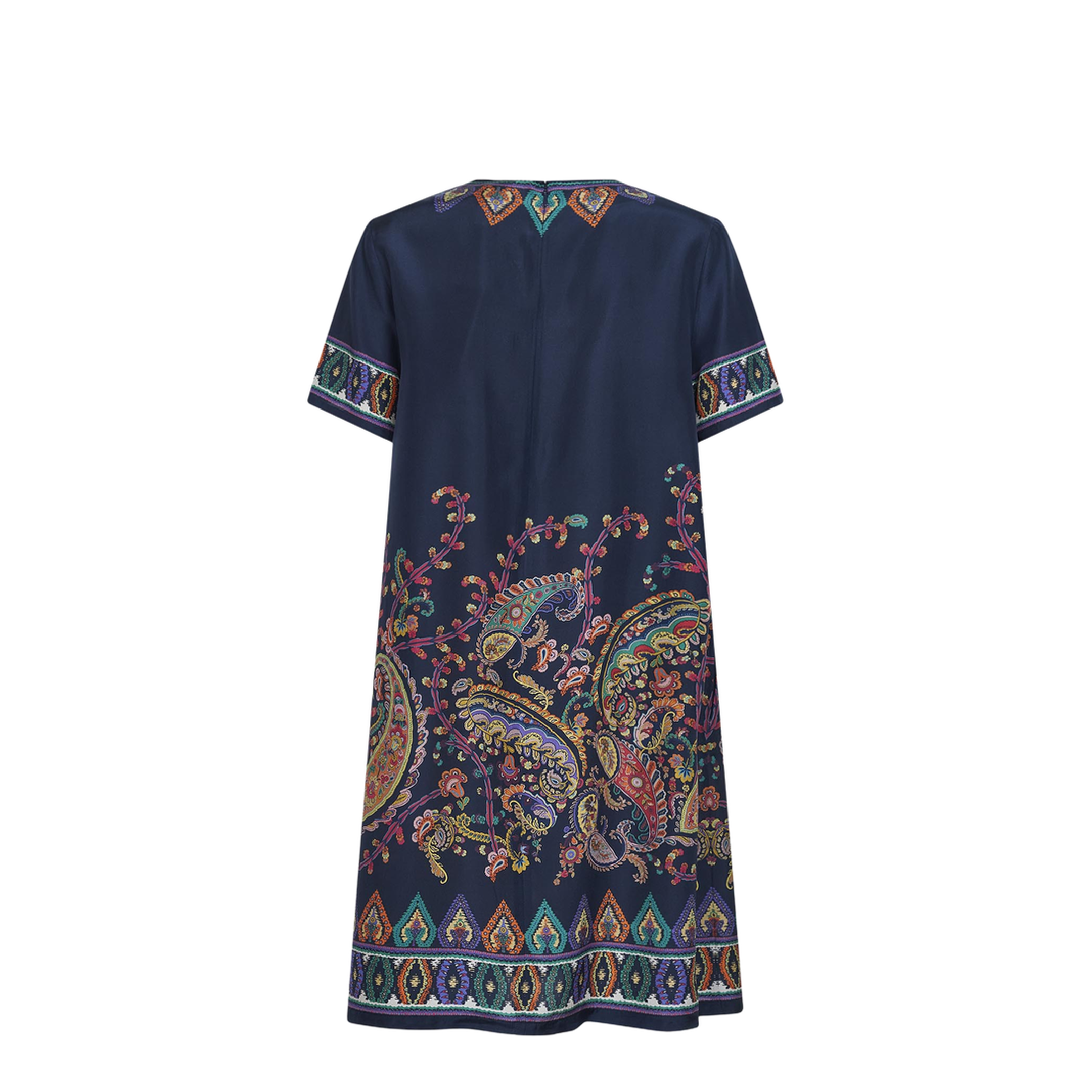 Blue Paisley-print Habotai Silk Tunic Short Dress