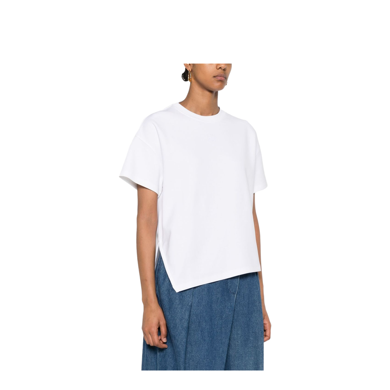 White Cotton Jersey Texture Crew Neck Signature Embroidered Anagram Motif Drop Shoulder Short Sleeves Straight Hem