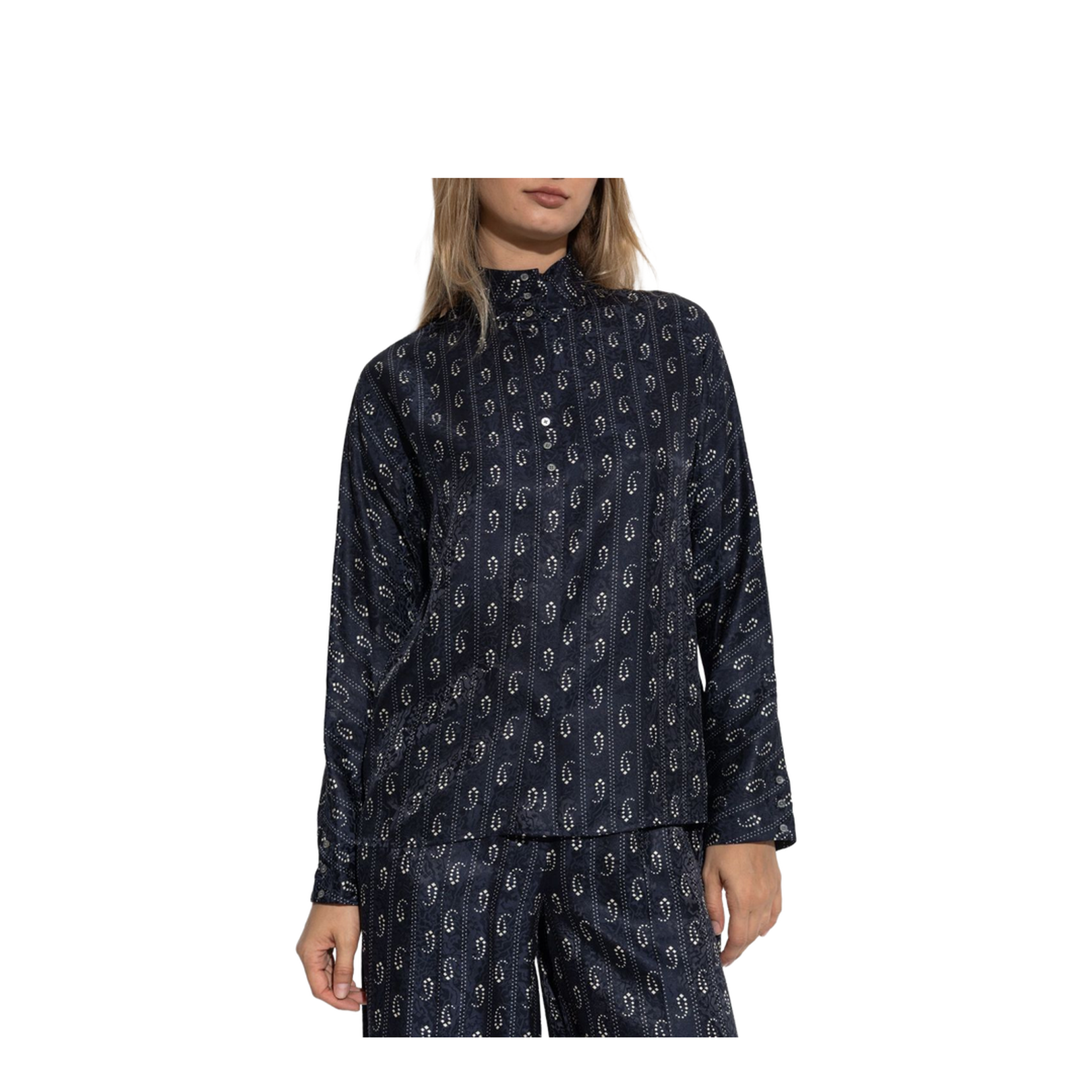 Navy Blue Paisley Print Button Fastening Mandarin Collar Long Sleeves