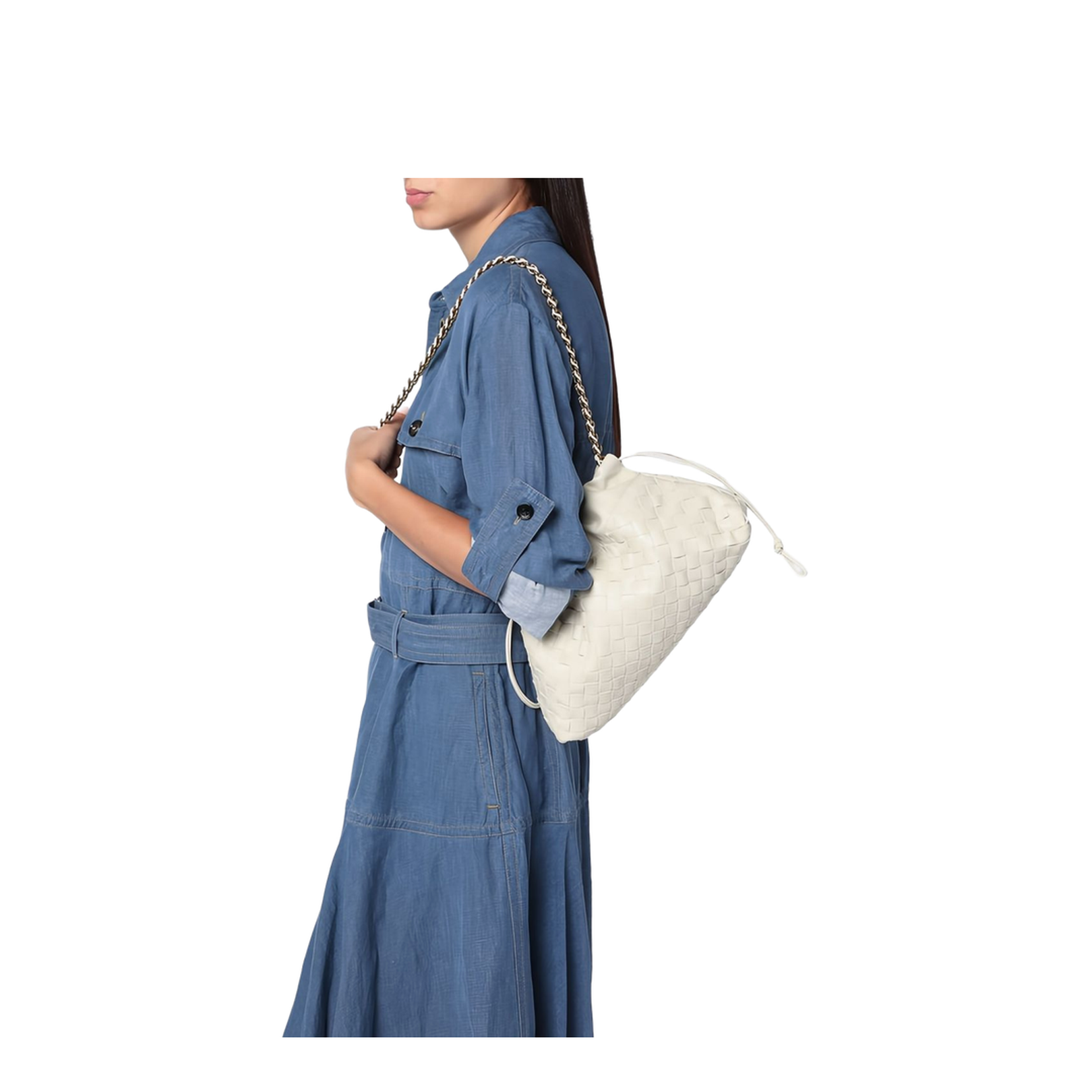 Off-White Leather Woven Design Drawstring Closure Chain-Link Shoulder Strap Gold-Tone Hardware