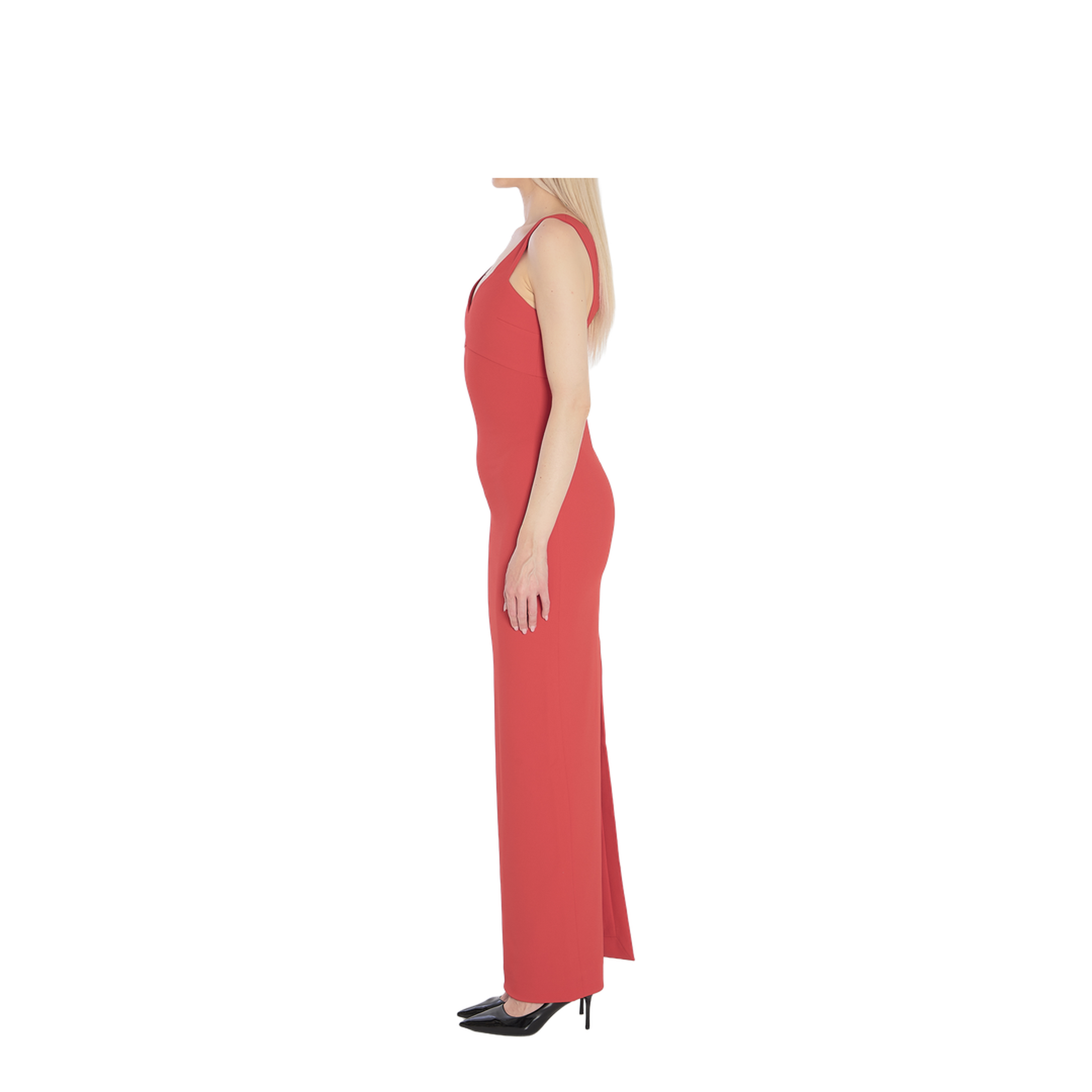 Red Sleeveless Design V-Neckline Fitted Bodice Maxi Length Straight Skirt