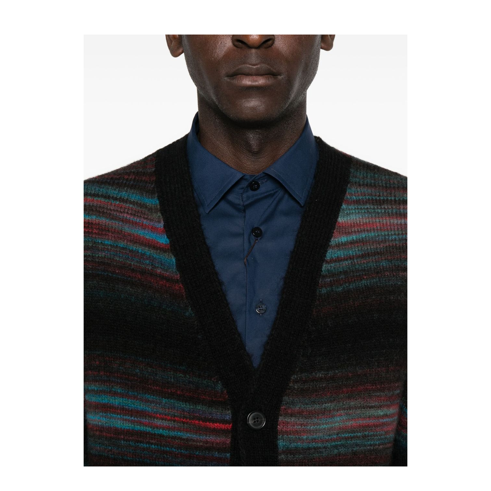 Black V-neck Sweater with Horizontal Stripes