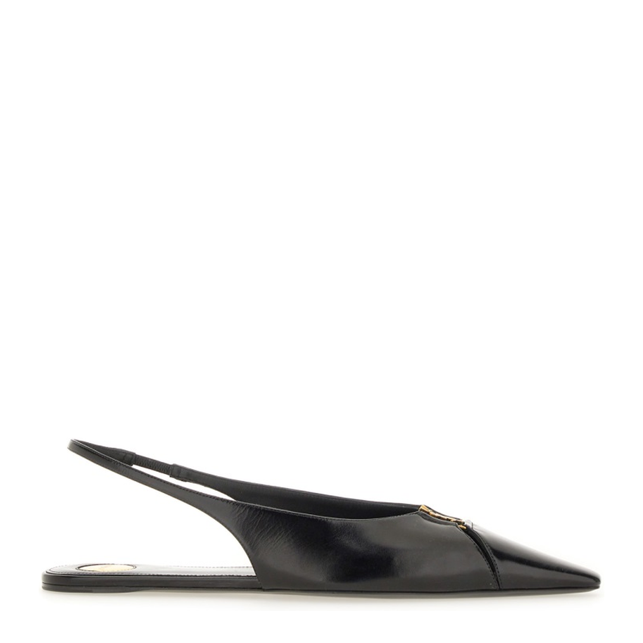 Black Leather Pointed Toe Slingback Strap Flat Sole