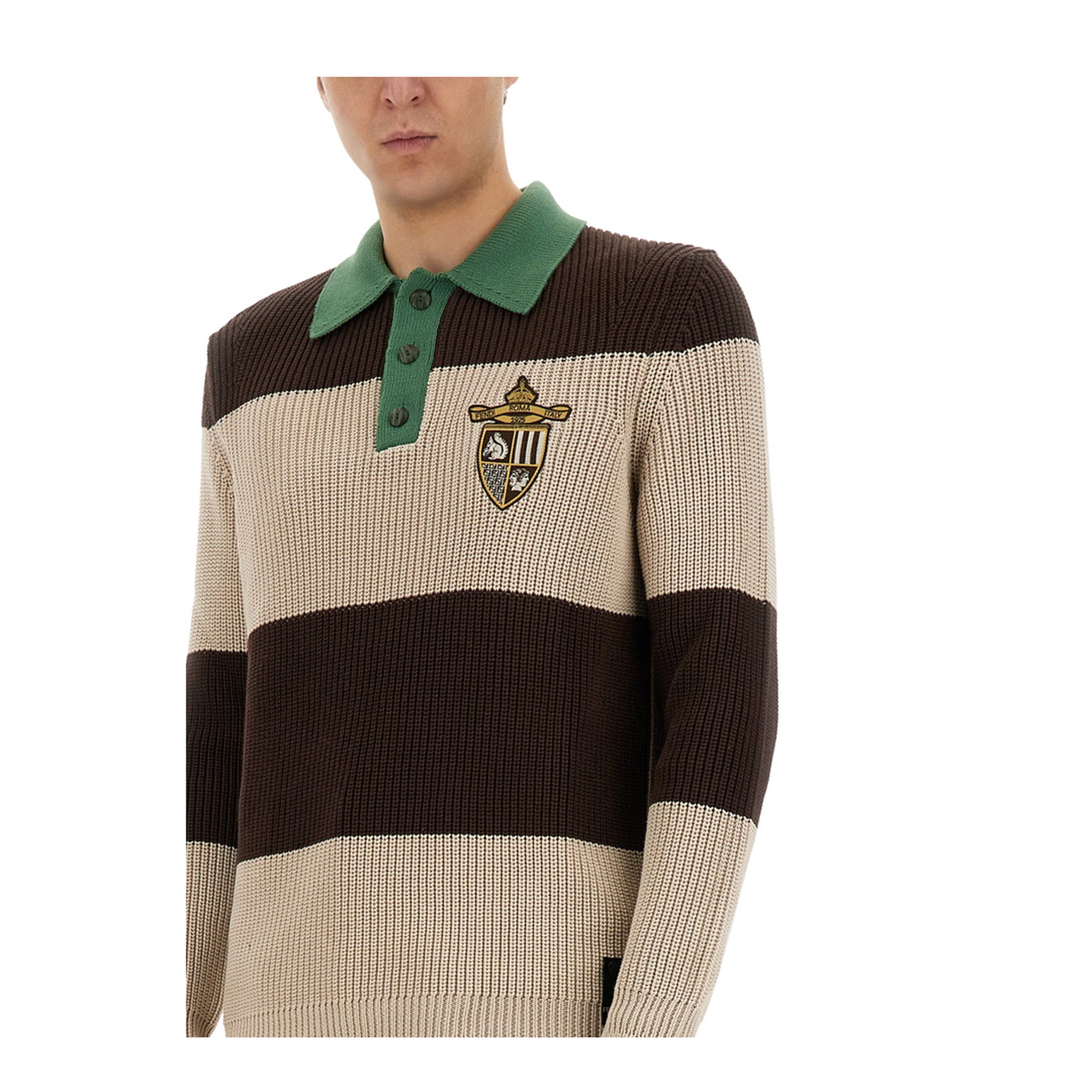 Knitted Cotton Polo Shirt with Brown and Beige Stripes