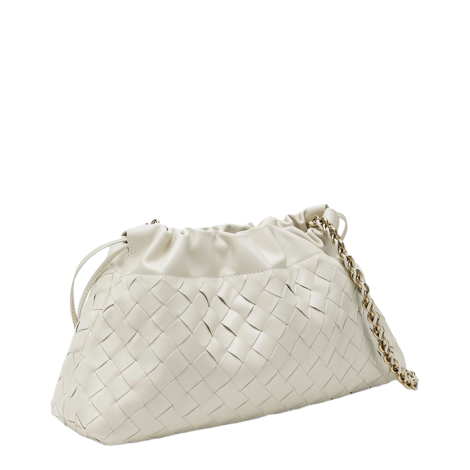 Off-White Leather Woven Design Drawstring Closure Chain-Link Shoulder Strap Gold-Tone Hardware