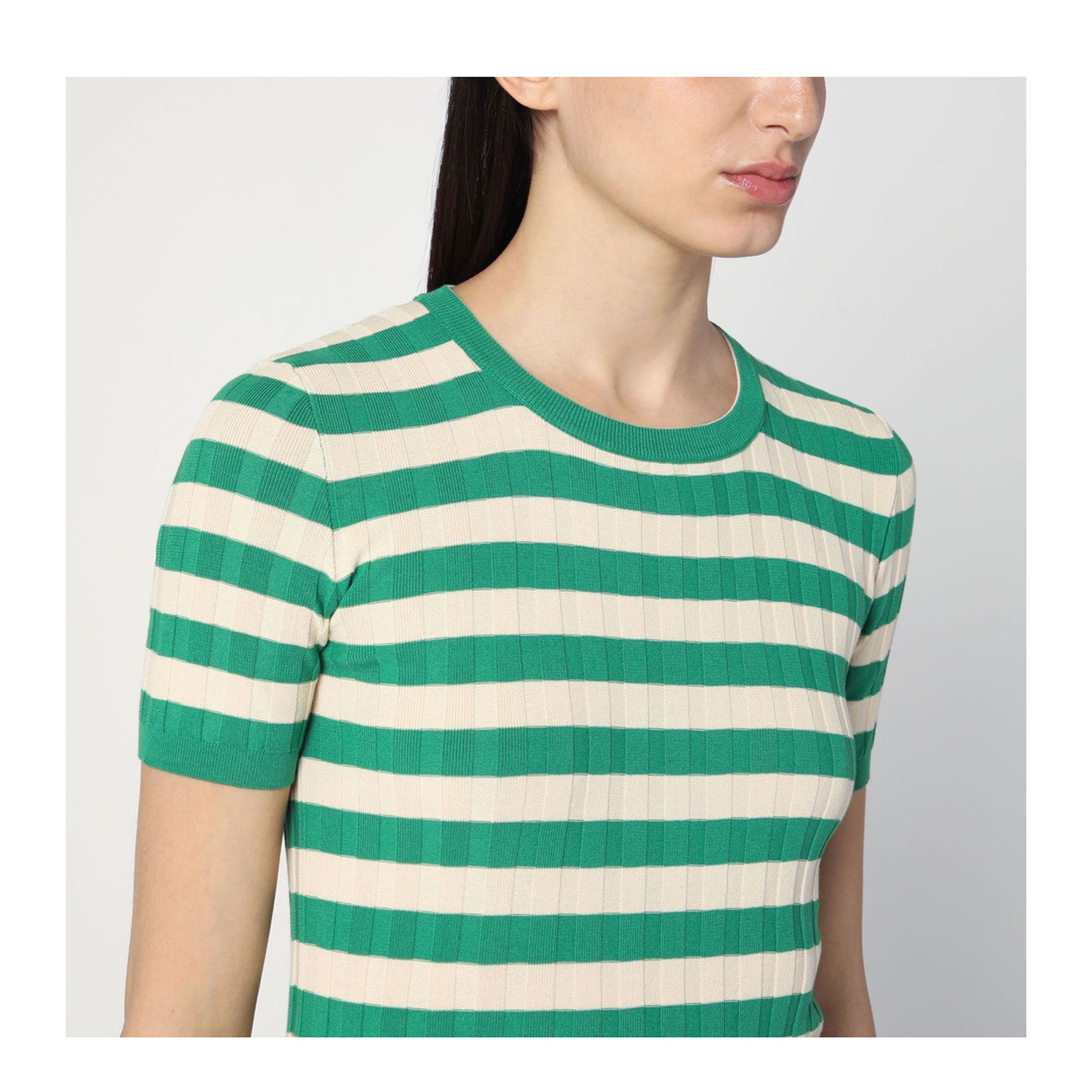 MAYFEYR - Roberto Collina - Green Ivory Striped Sweater In Cotton - B09021B0924